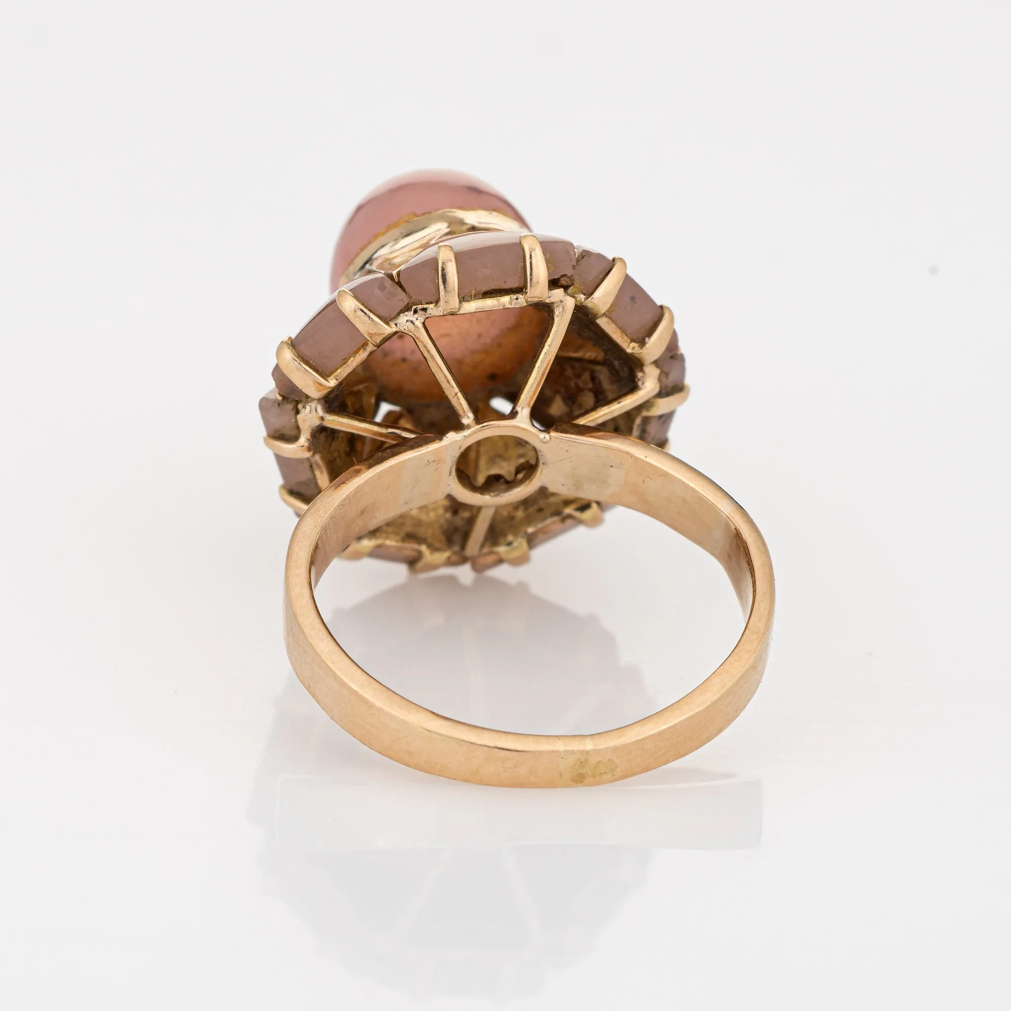 70s Rose Quartz Harlequin Ring Vintage 14k Yellow Gold Cocktail Jewelry Sz 6.5