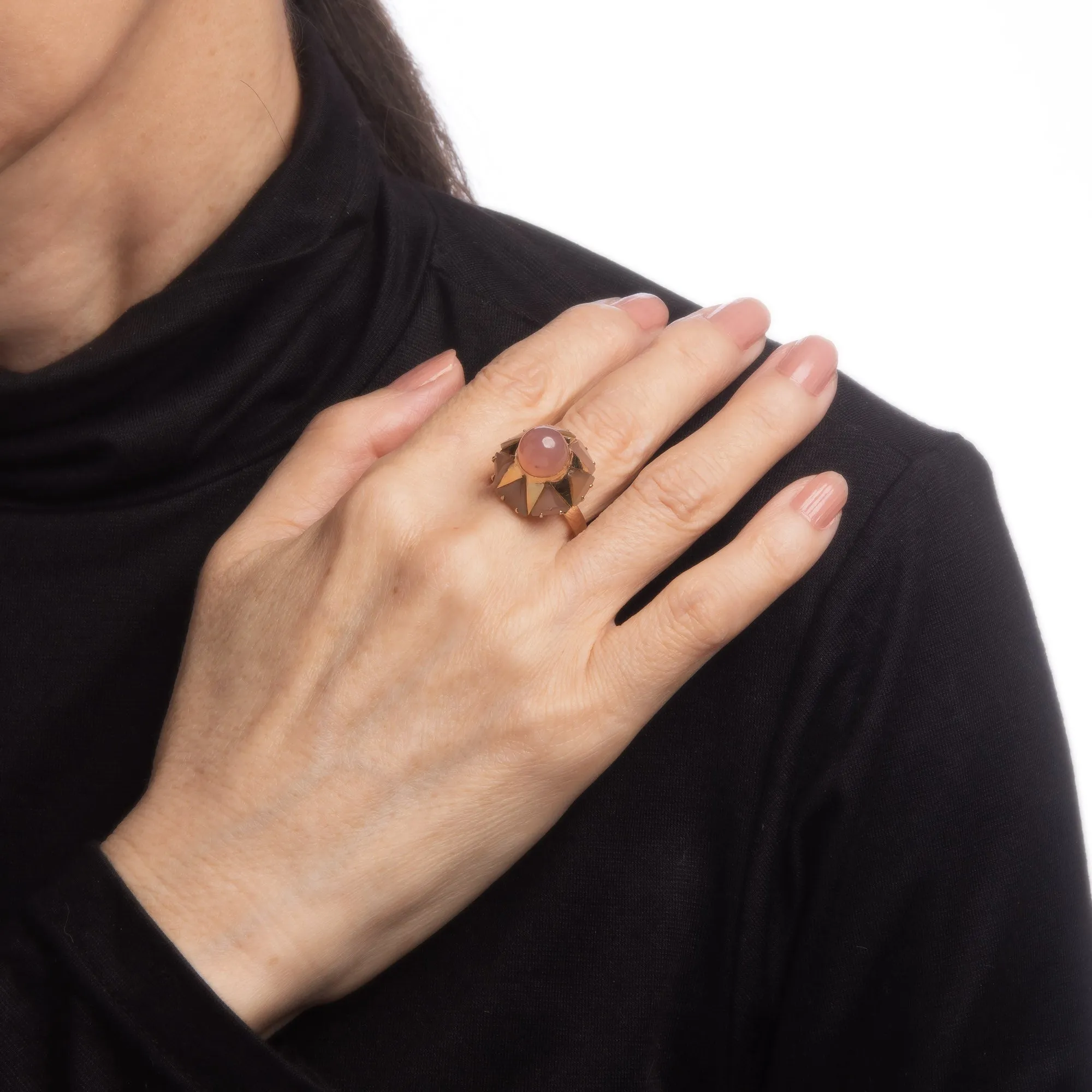 70s Rose Quartz Harlequin Ring Vintage 14k Yellow Gold Cocktail Jewelry Sz 6.5