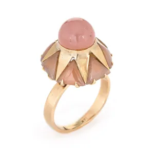 70s Rose Quartz Harlequin Ring Vintage 14k Yellow Gold Cocktail Jewelry Sz 6.5
