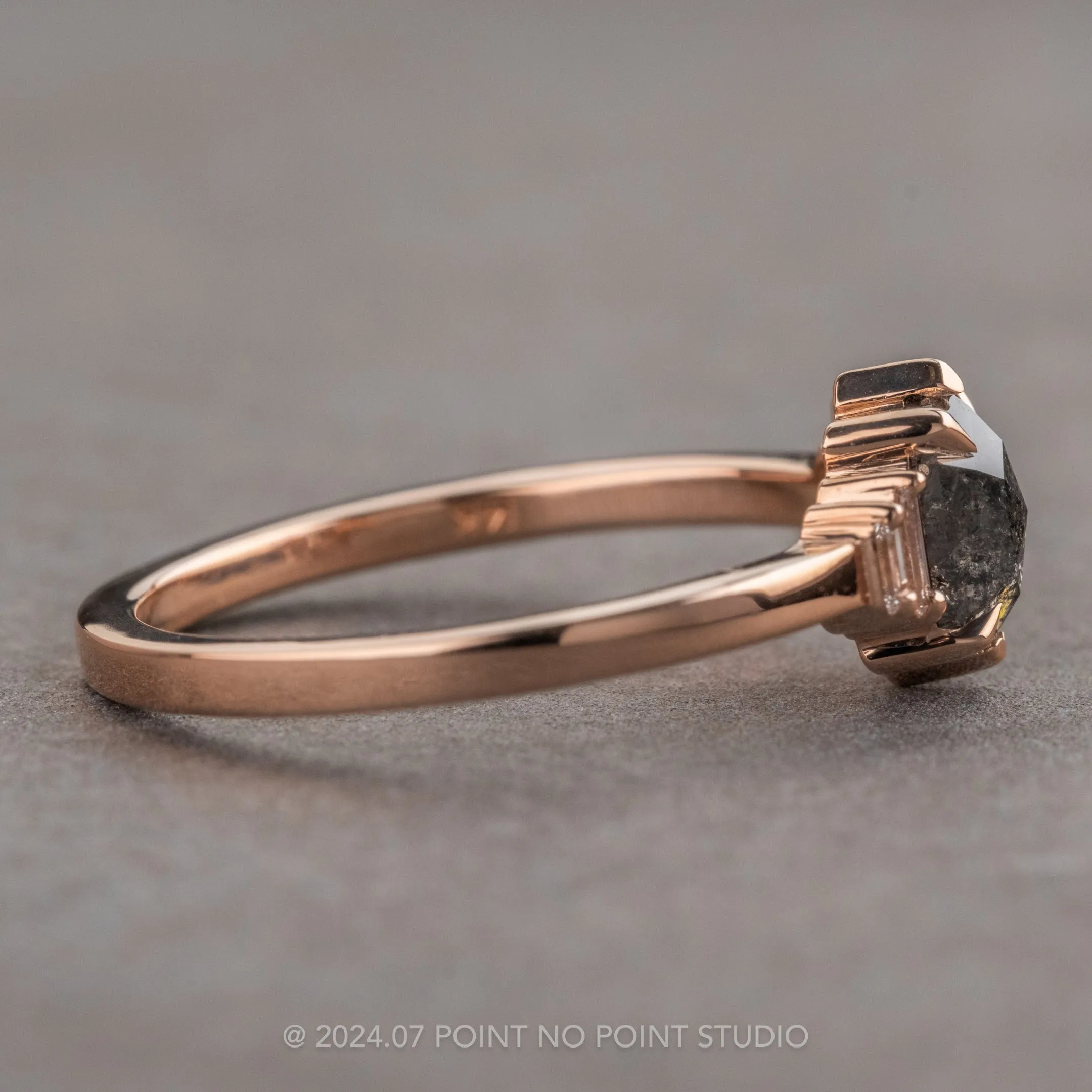 .73 Carat Black Speckled Hexagon Diamond Engagement Ring, Betty Setting, 14k Rose Gold