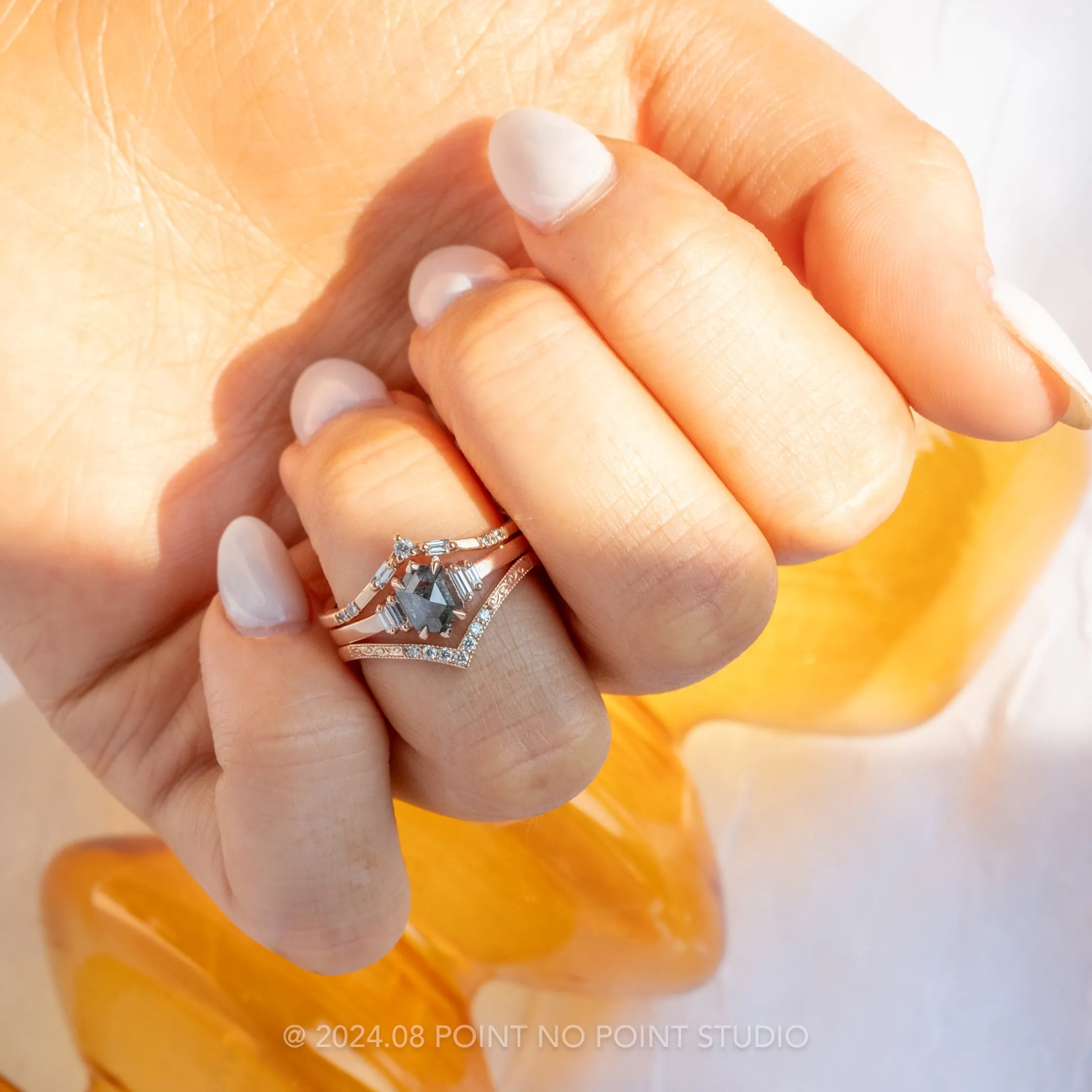.73 Carat Black Speckled Hexagon Diamond Engagement Ring, Betty Setting, 14k Rose Gold