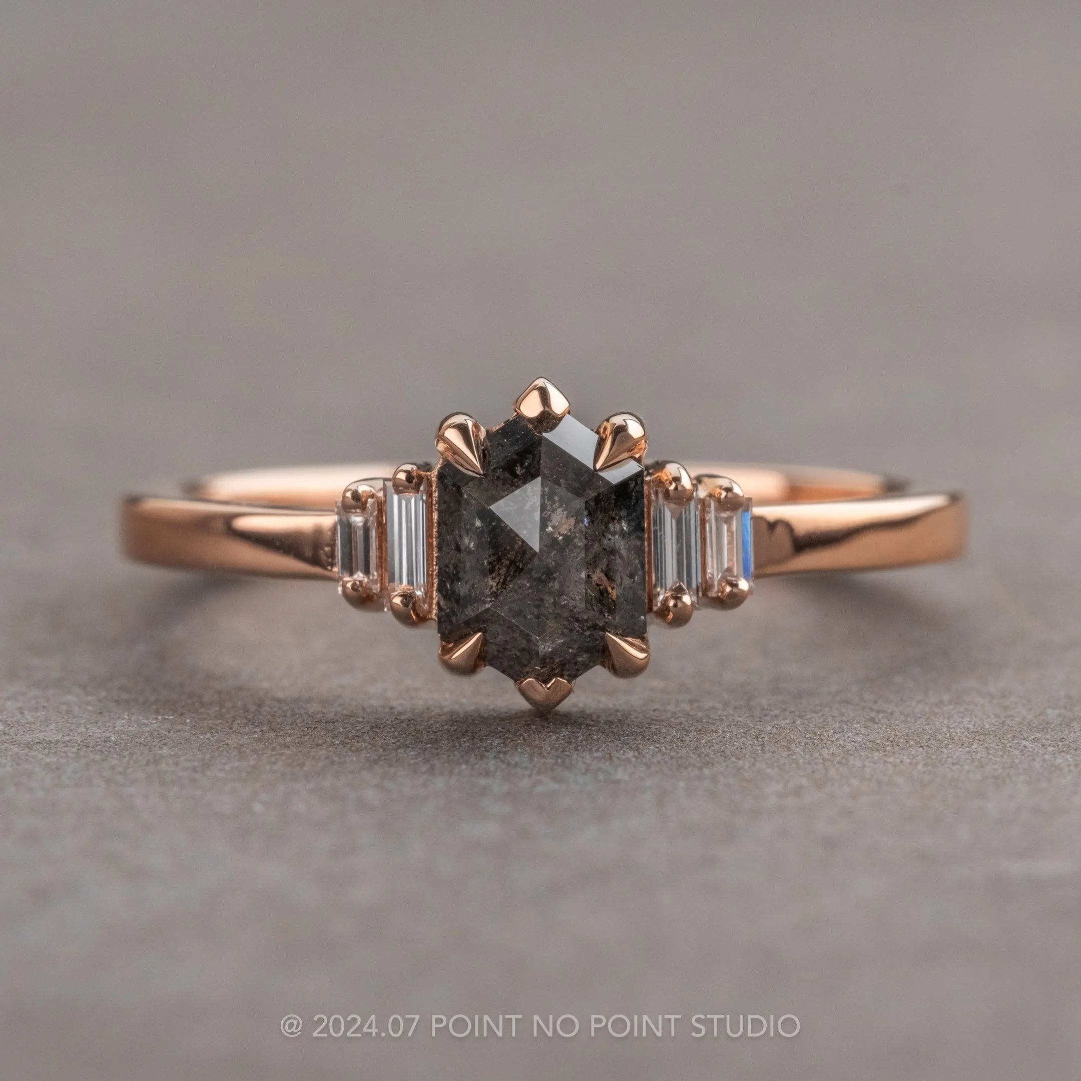 .73 Carat Black Speckled Hexagon Diamond Engagement Ring, Betty Setting, 14k Rose Gold