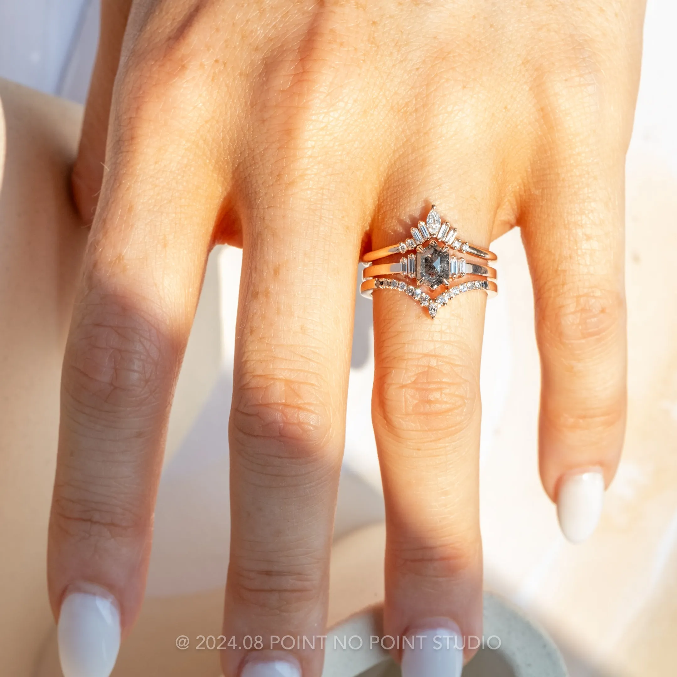 .73 Carat Black Speckled Hexagon Diamond Engagement Ring, Betty Setting, 14k Rose Gold
