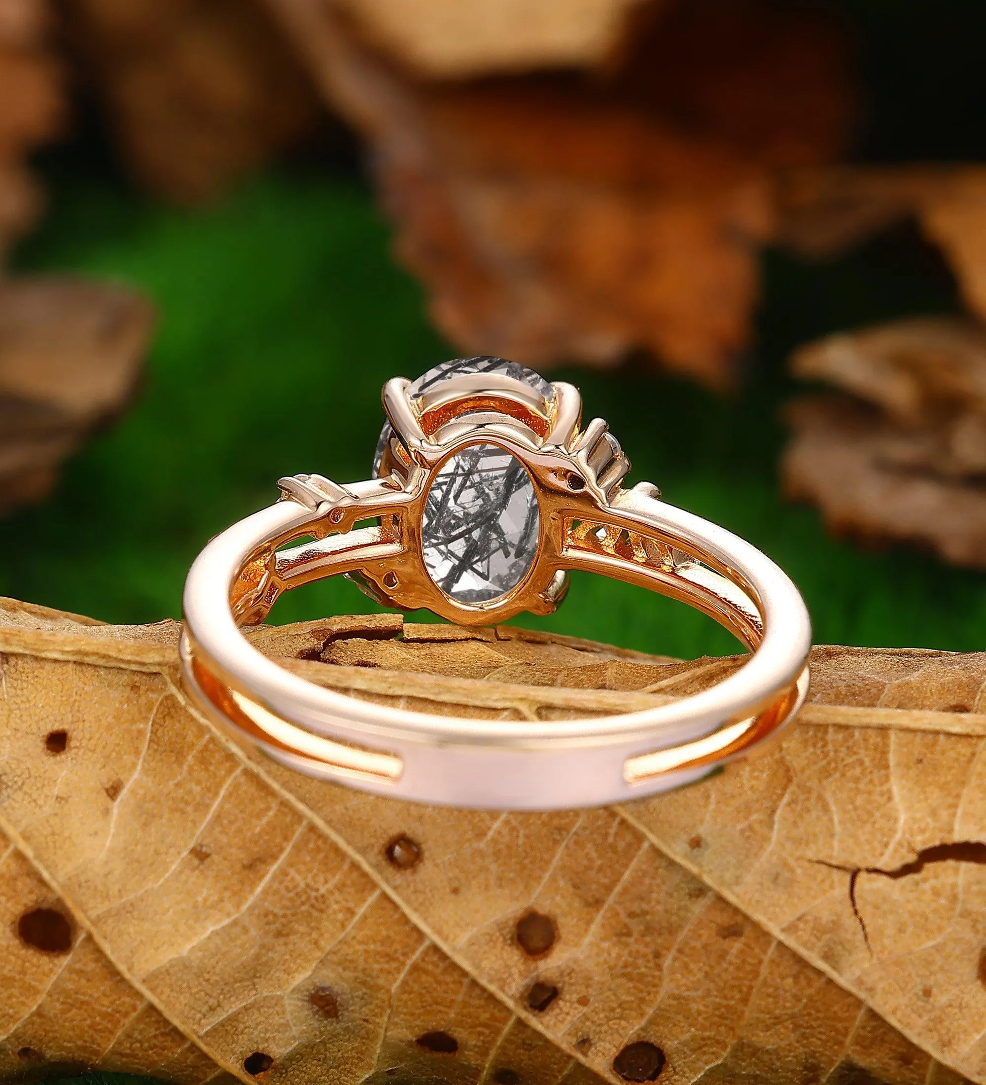 7x9mm Natural Black Rutilated Quartz Engagememt Ring Women Dainty Moissanite Wedding Ring
