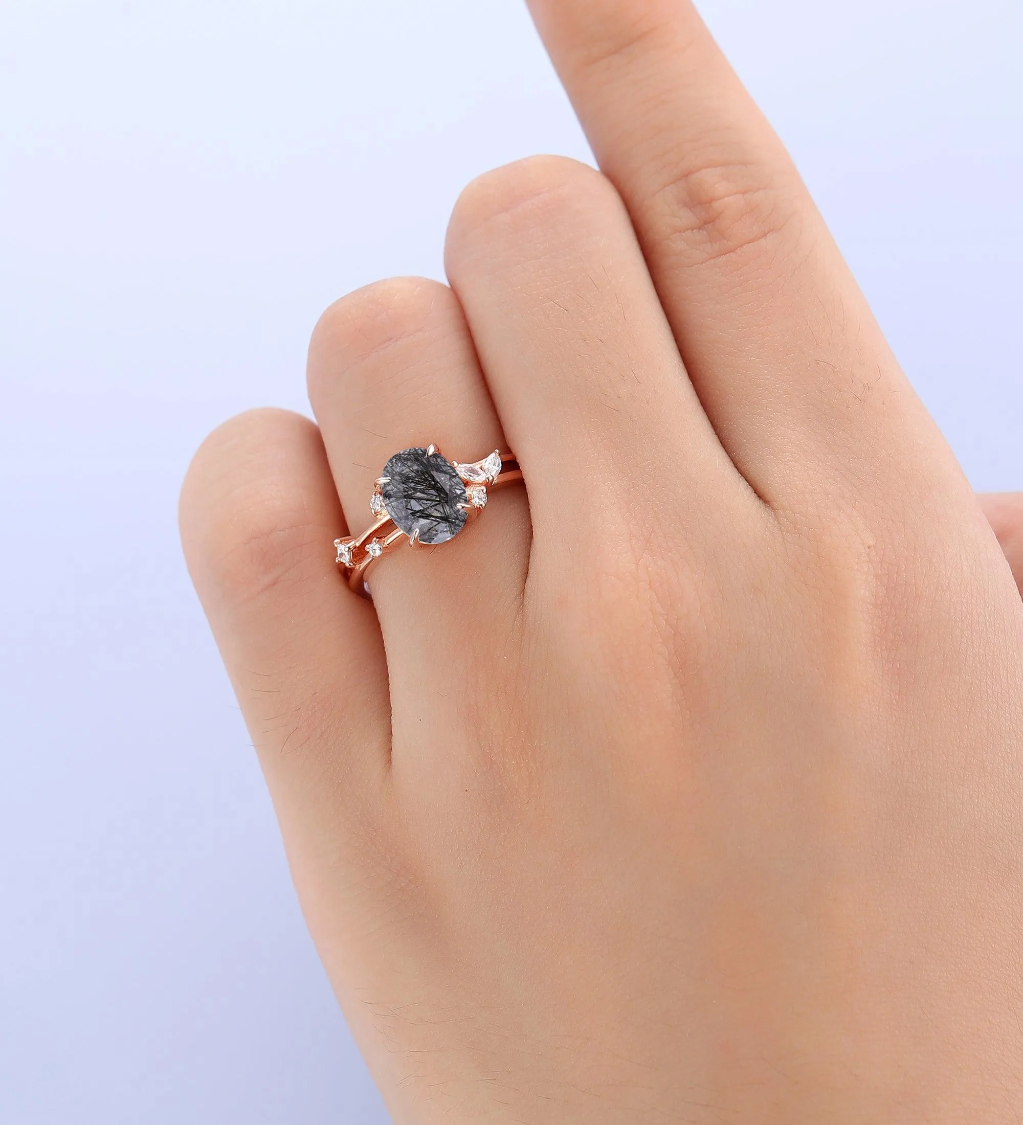 7x9mm Natural Black Rutilated Quartz Engagememt Ring Women Dainty Moissanite Wedding Ring