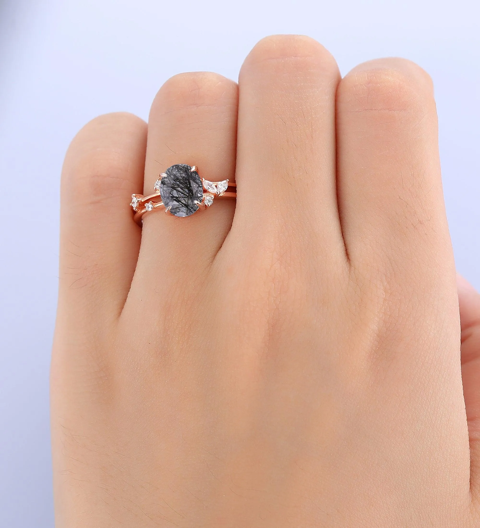 7x9mm Natural Black Rutilated Quartz Engagememt Ring Women Dainty Moissanite Wedding Ring