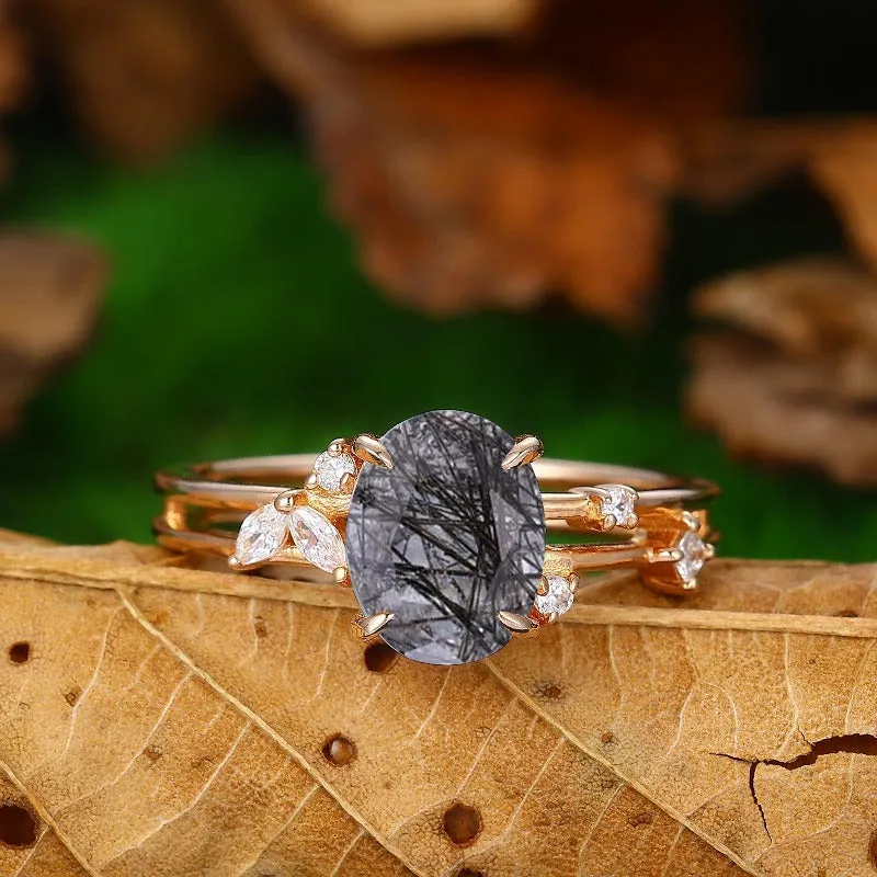 7x9mm Natural Black Rutilated Quartz Engagememt Ring Women Dainty Moissanite Wedding Ring