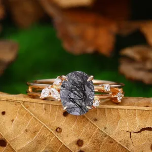 7x9mm Natural Black Rutilated Quartz Engagememt Ring Women Dainty Moissanite Wedding Ring