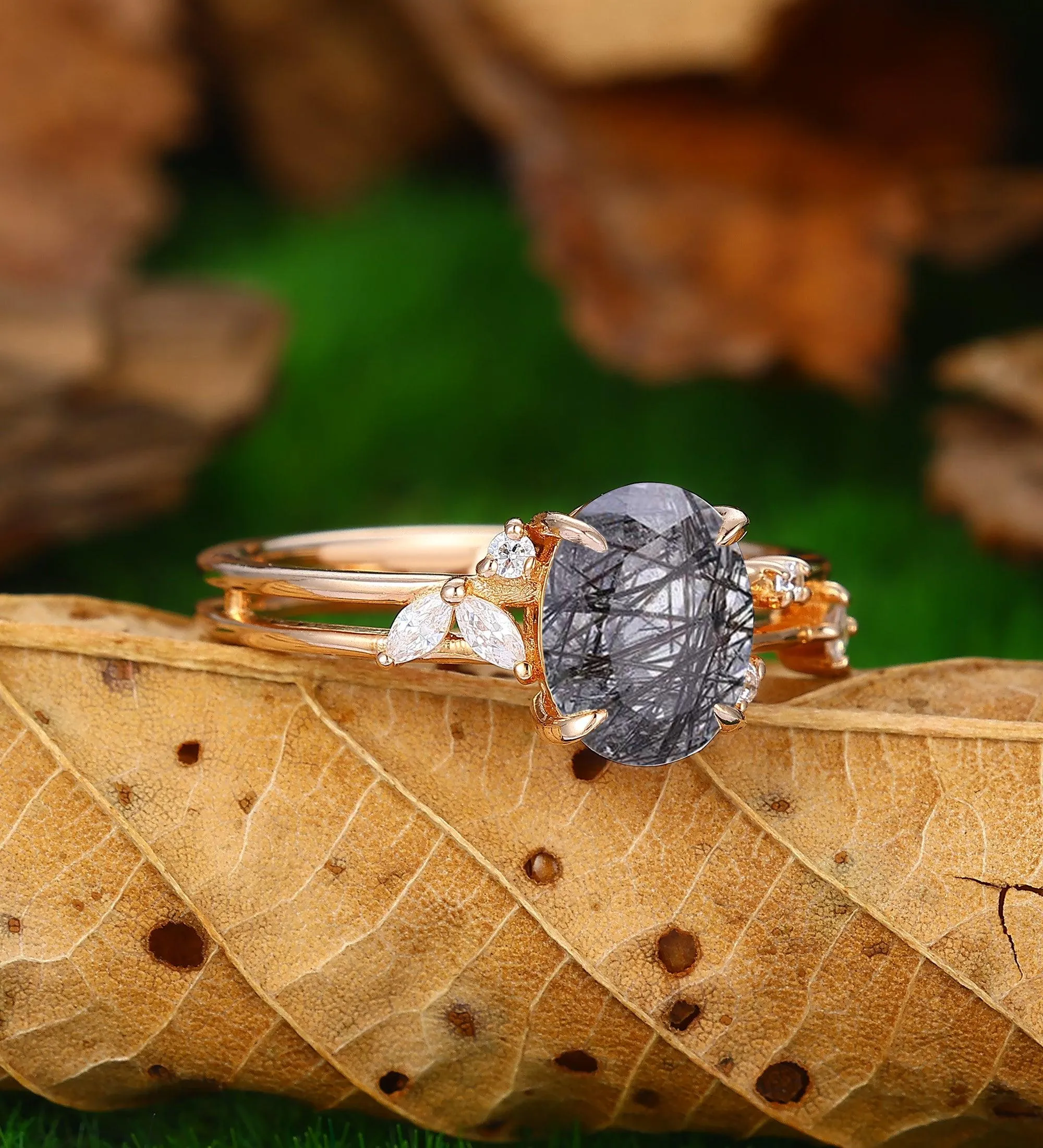 7x9mm Natural Black Rutilated Quartz Engagememt Ring Women Dainty Moissanite Wedding Ring