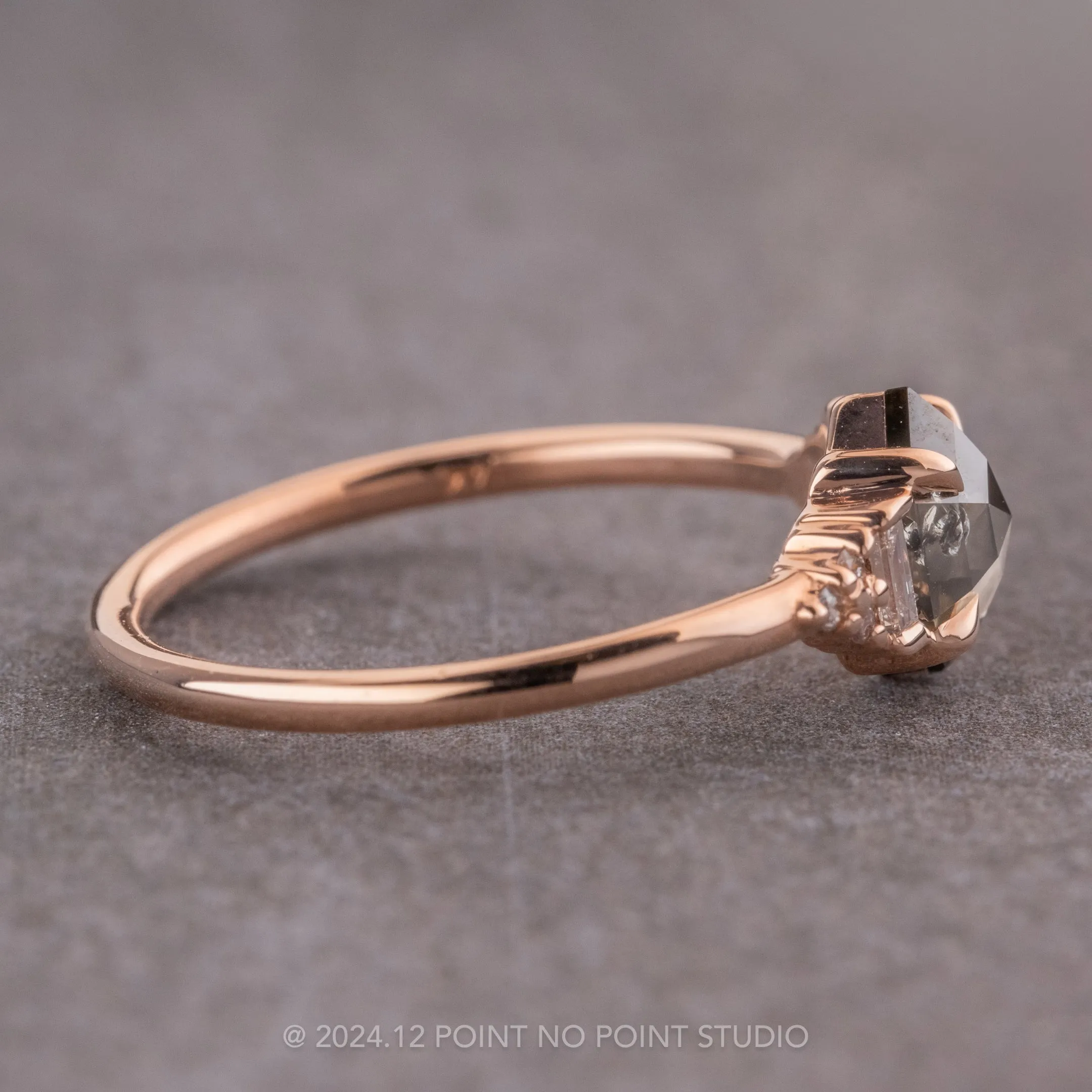 .83 Carat Salt and Pepper Hexagon Diamond Engagement Ring, Dahlia Setting, 14K Rose Gold