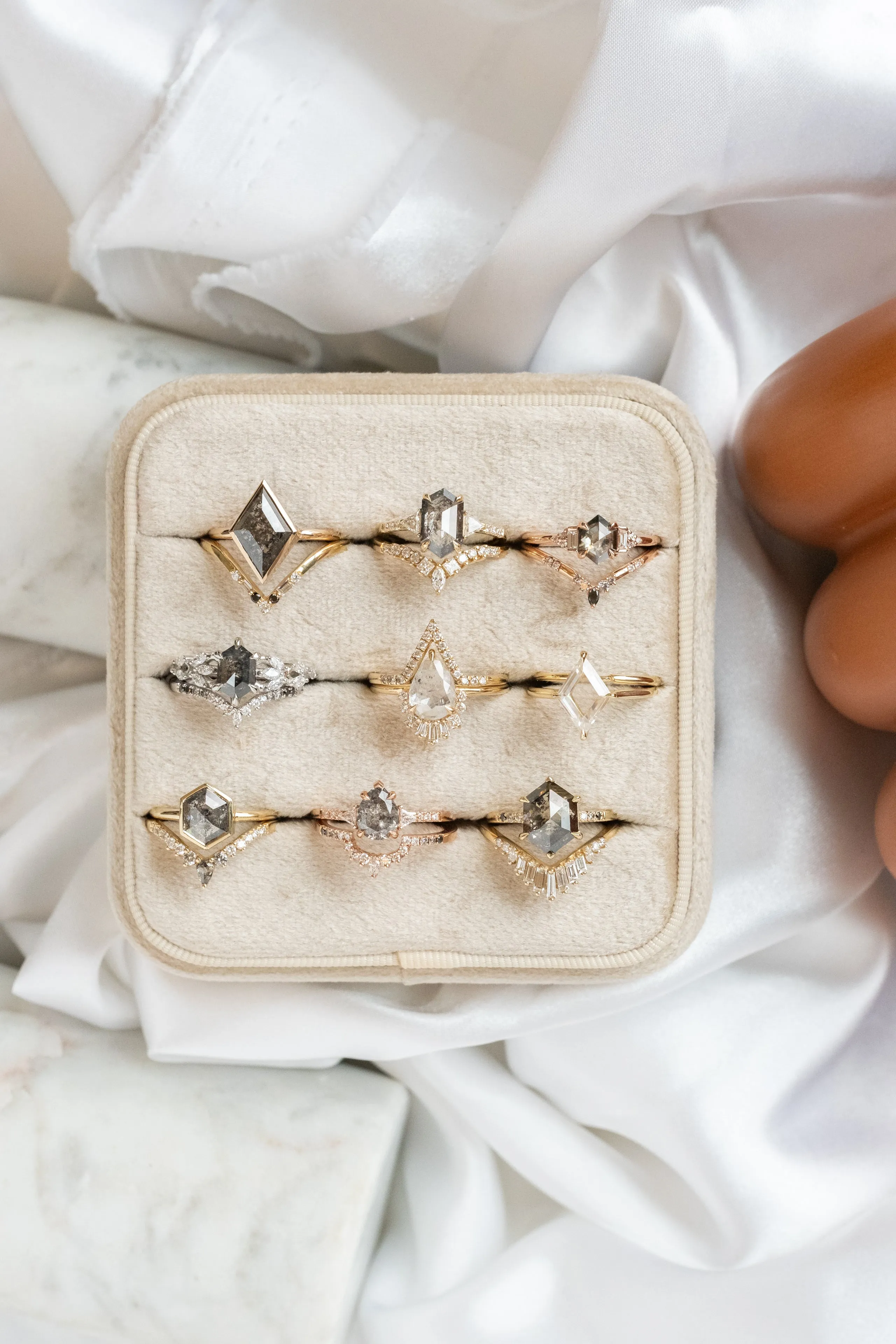 .83 Carat Salt and Pepper Hexagon Diamond Engagement Ring, Dahlia Setting, 14K Rose Gold