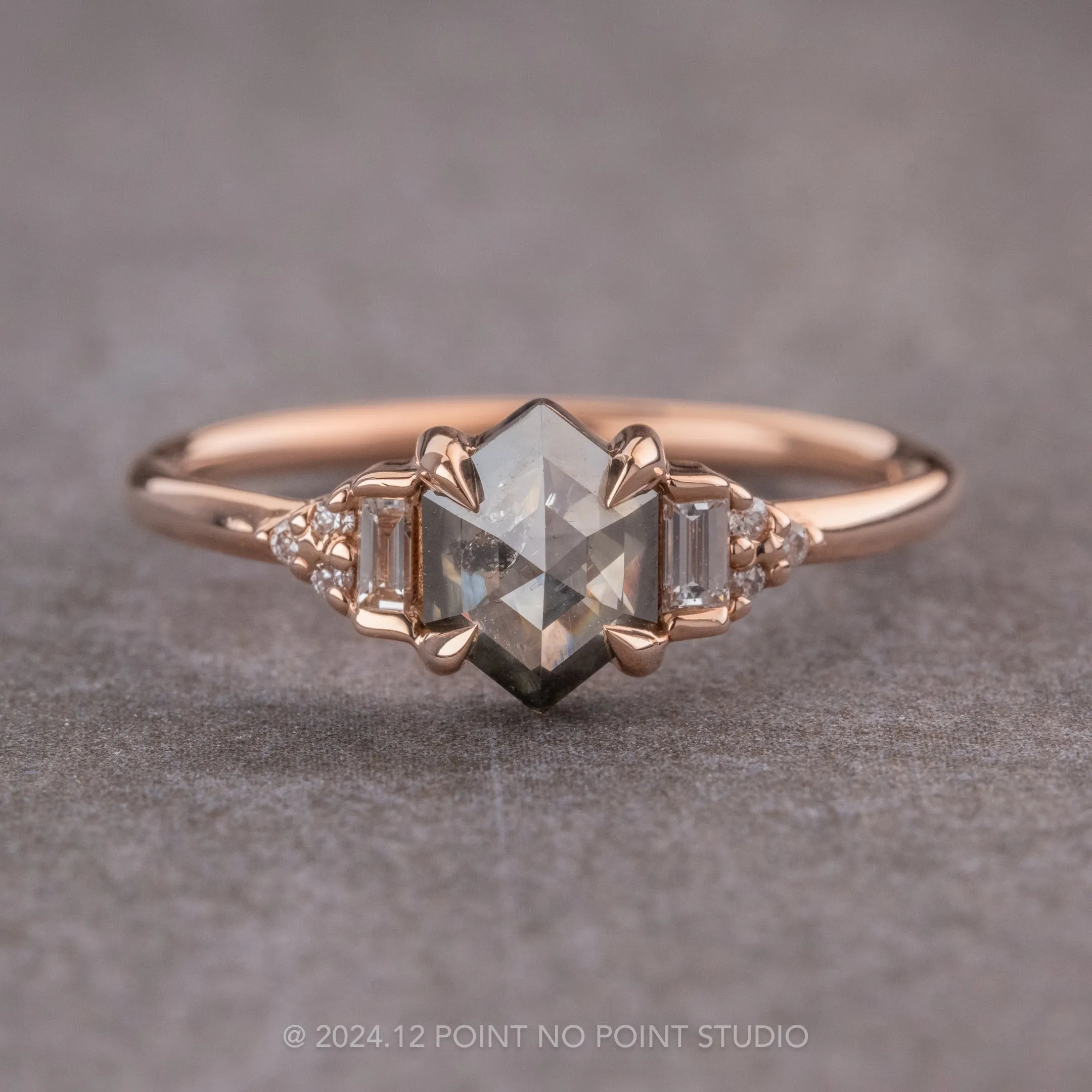 .83 Carat Salt and Pepper Hexagon Diamond Engagement Ring, Dahlia Setting, 14K Rose Gold