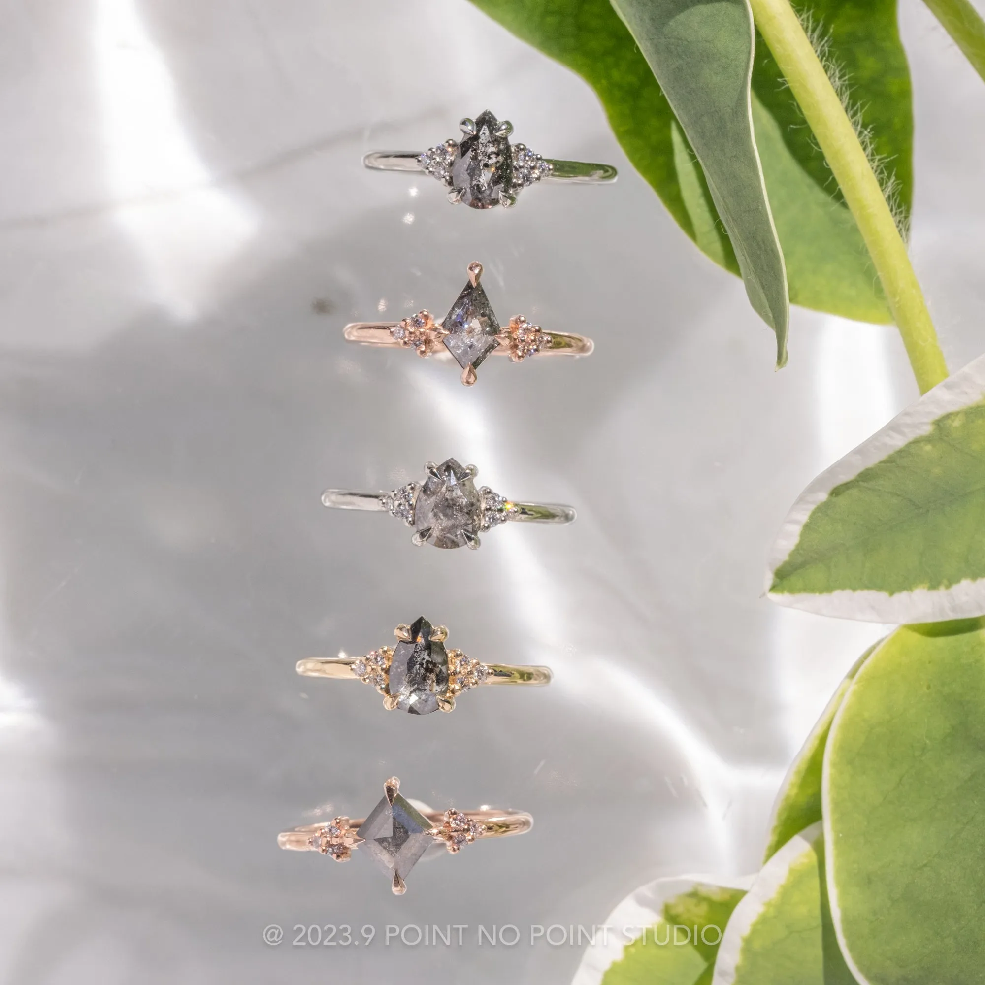 .83 Carat Salt and Pepper Pear Diamond Engagement Ring, Quinn Setting, 14K Yellow Gold