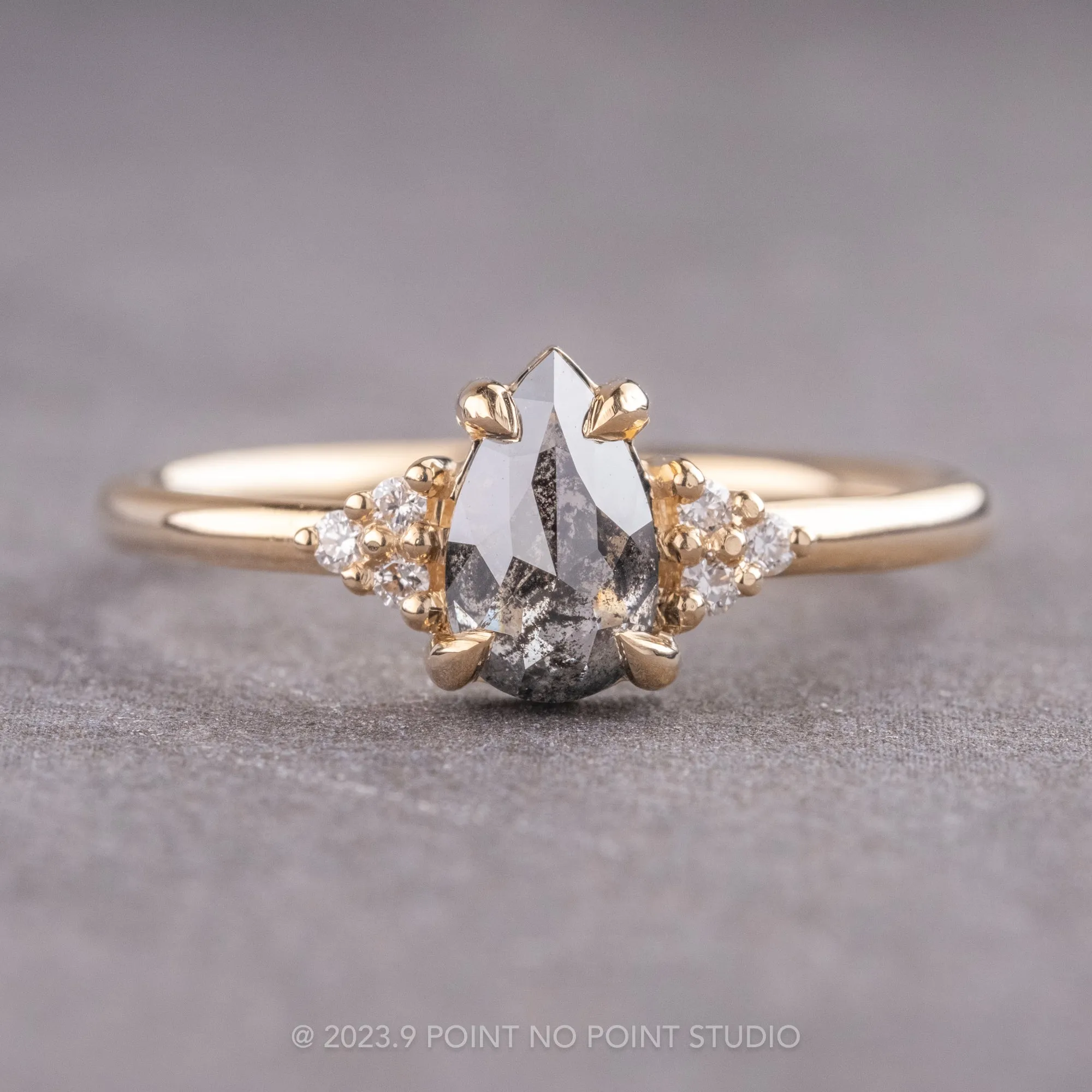 .83 Carat Salt and Pepper Pear Diamond Engagement Ring, Quinn Setting, 14K Yellow Gold