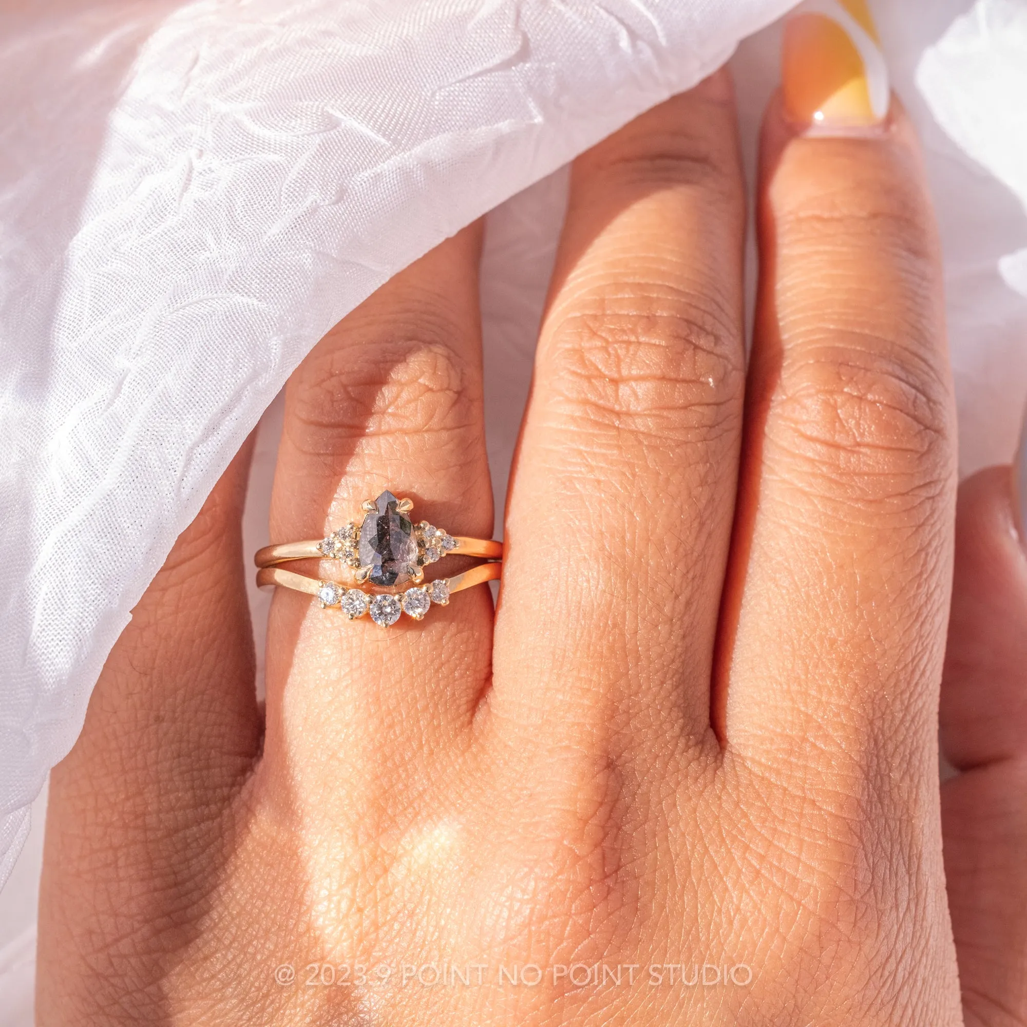 .83 Carat Salt and Pepper Pear Diamond Engagement Ring, Quinn Setting, 14K Yellow Gold