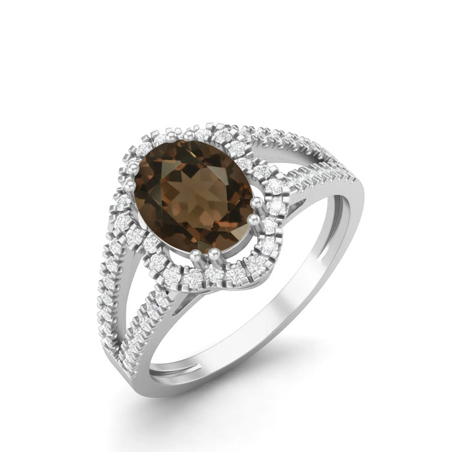 8x6mm Oval Shaped Smoky Quartz Halo Wedding Ring 2.56 Cts Accent Stone Ring