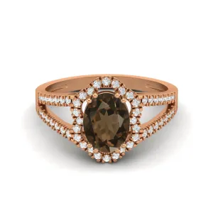 8x6mm Oval Shaped Smoky Quartz Halo Wedding Ring 2.56 Cts Accent Stone Ring