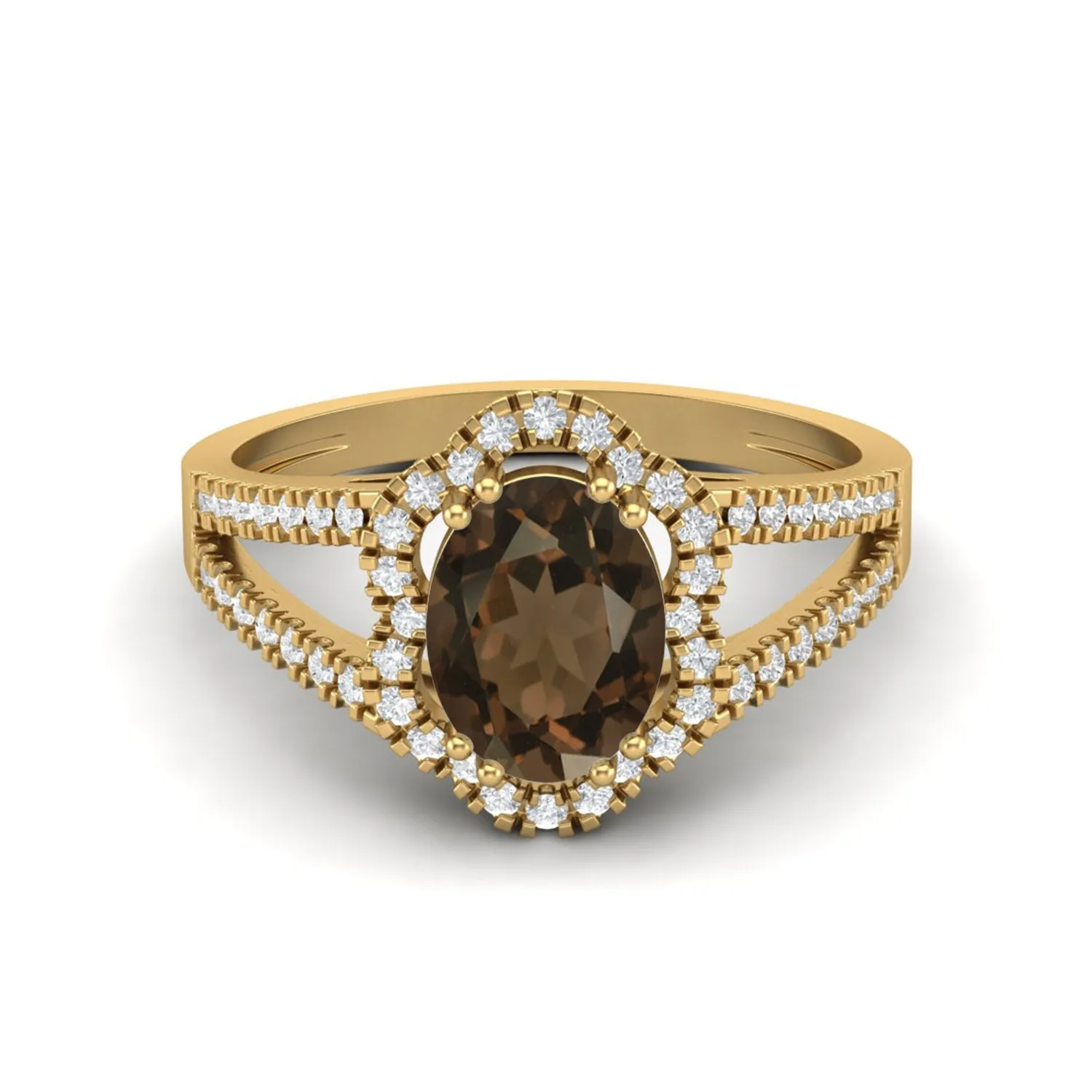 8x6mm Oval Shaped Smoky Quartz Halo Wedding Ring 2.56 Cts Accent Stone Ring