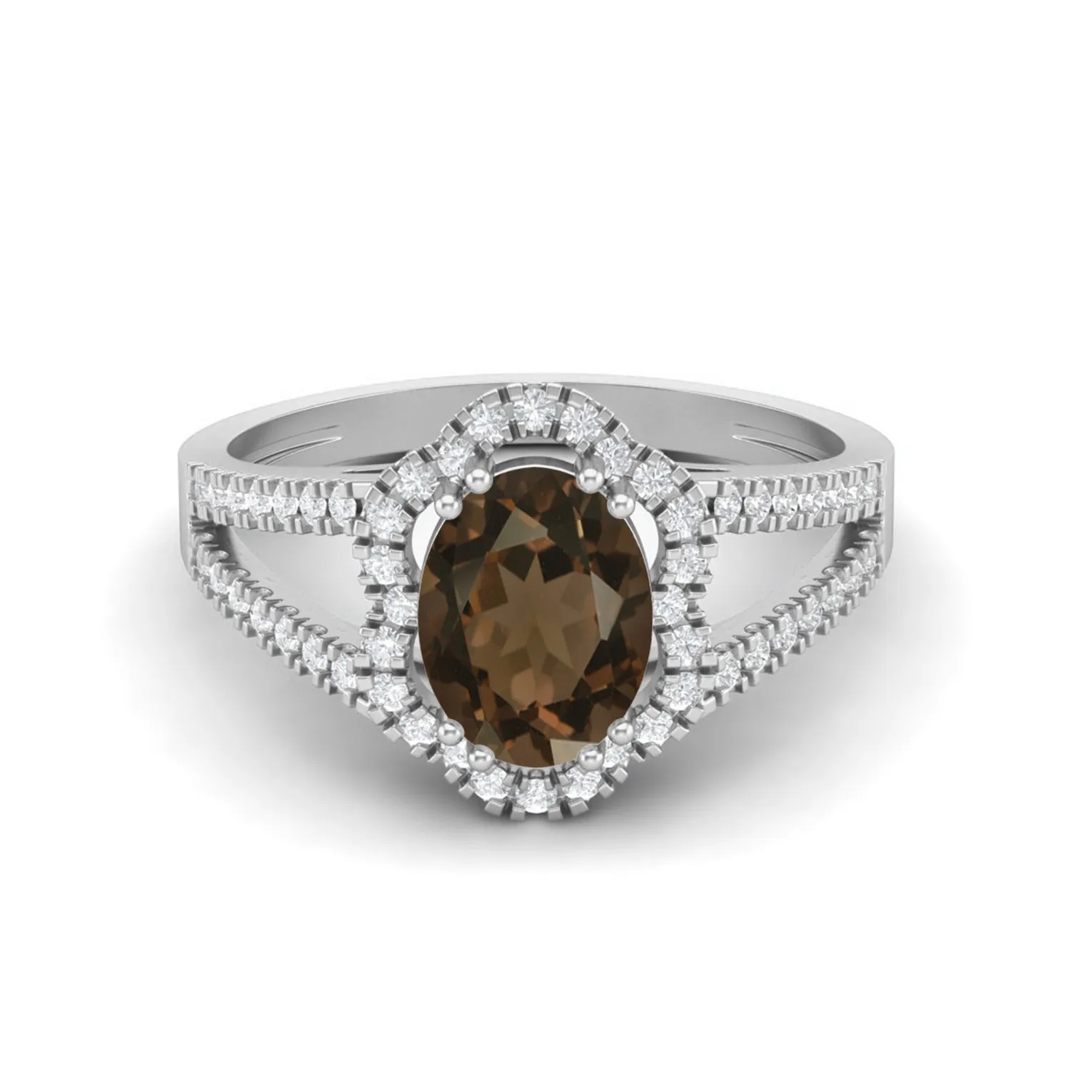 8x6mm Oval Shaped Smoky Quartz Halo Wedding Ring 2.56 Cts Accent Stone Ring