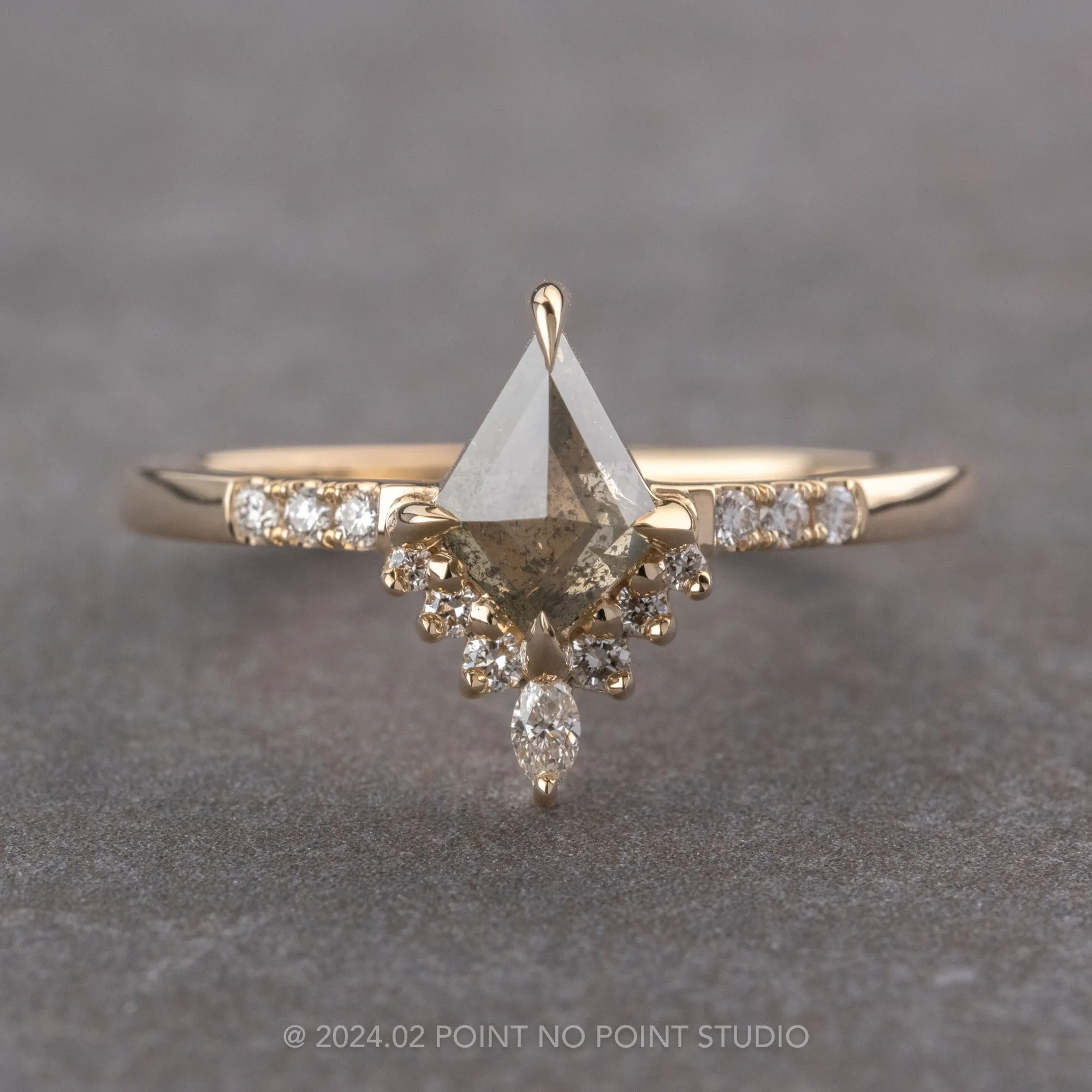 .91 Carat Salt and Pepper Kite Diamond Engagement Ring, Avaline Setting, 14K Yellow Gold