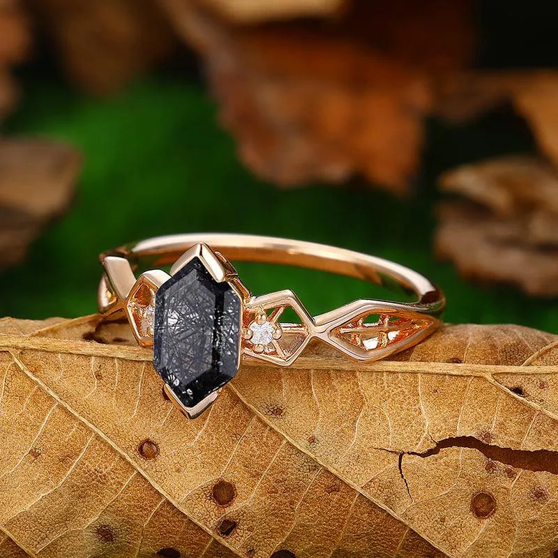 925 Silver Half Eternity  Natural Black Rutilated Quartz Engagement Ring