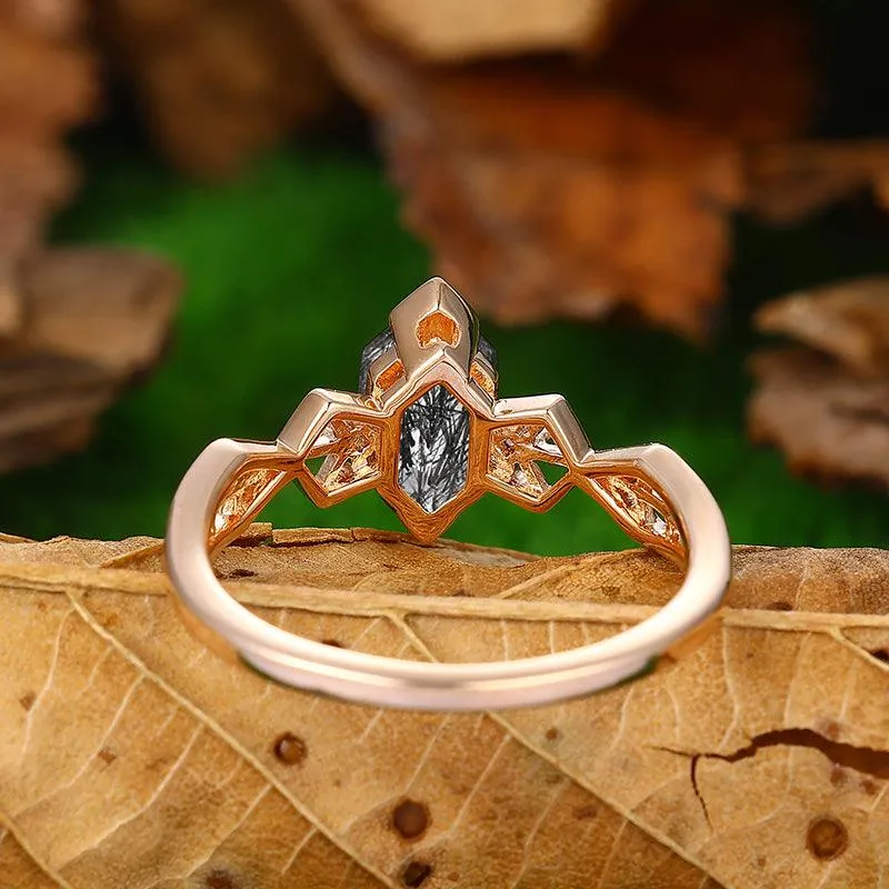 925 Silver Half Eternity  Natural Black Rutilated Quartz Engagement Ring