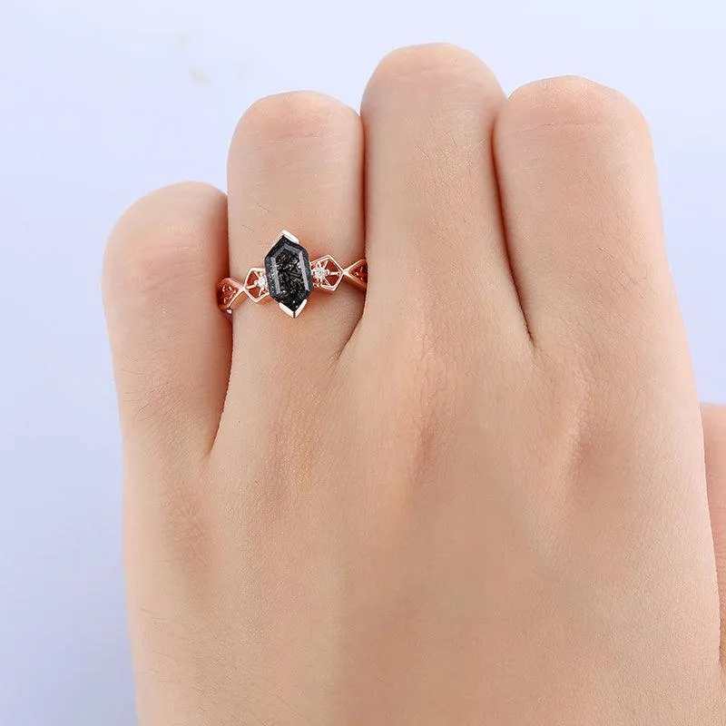 925 Silver Half Eternity  Natural Black Rutilated Quartz Engagement Ring