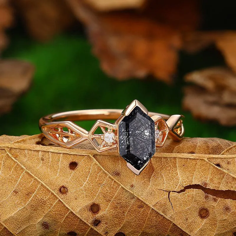 925 Silver Half Eternity  Natural Black Rutilated Quartz Engagement Ring