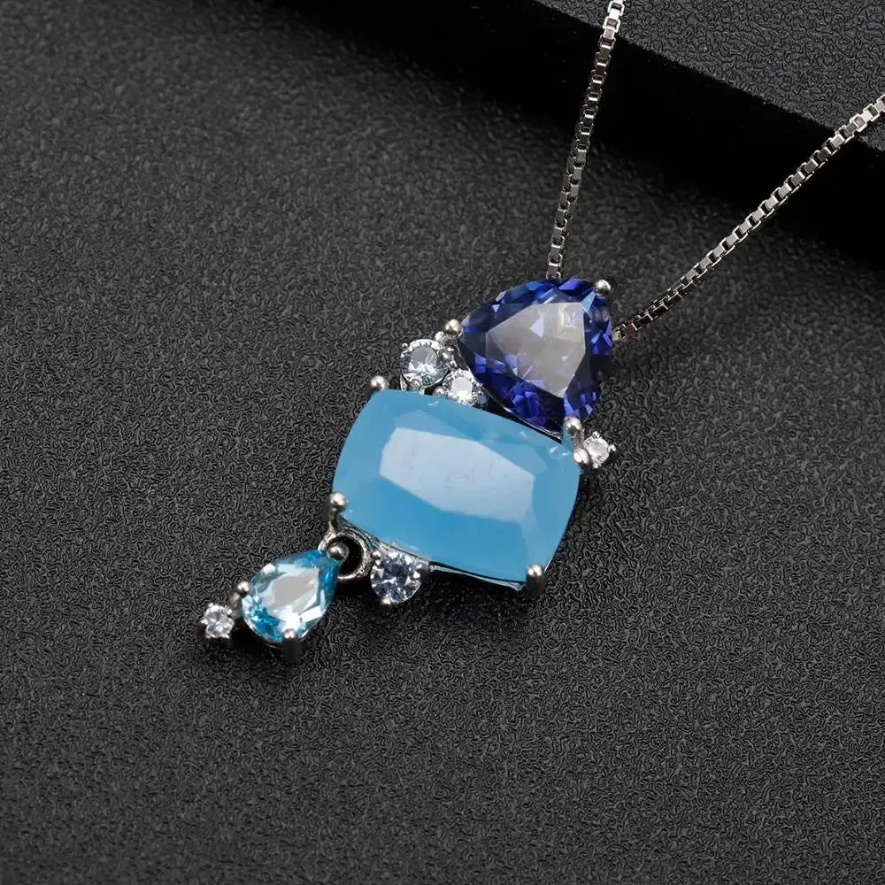 925 Sterling Silver Aqua Blue Chalcedony Jewelry Set – Ring, Earrings & Pendant