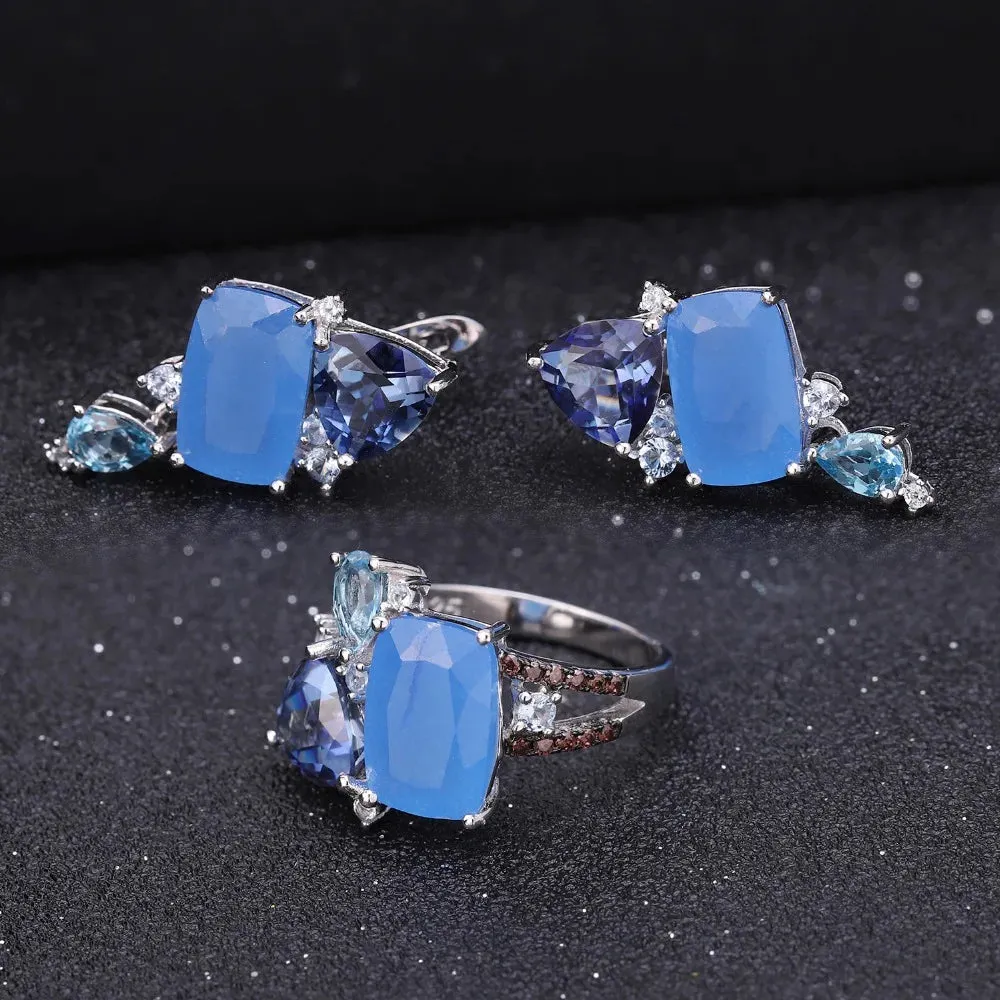 925 Sterling Silver Aqua Blue Chalcedony Jewelry Set – Ring, Earrings & Pendant