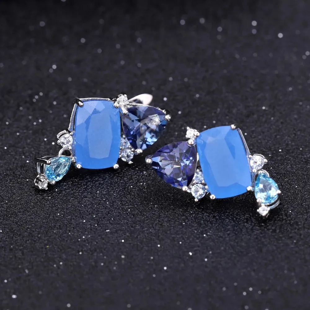 925 Sterling Silver Aqua Blue Chalcedony Jewelry Set – Ring, Earrings & Pendant