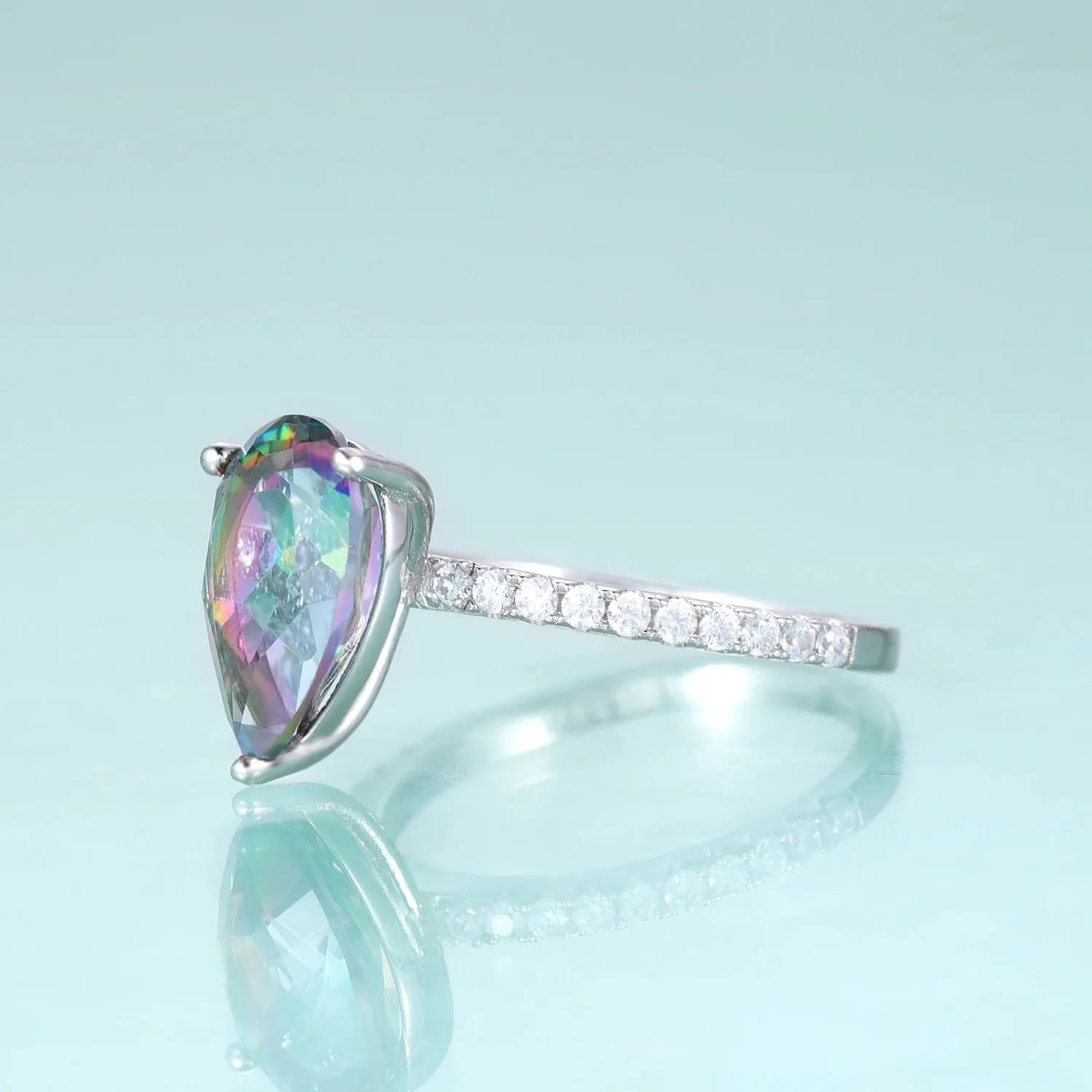 925 Sterling Silver Dainty Promise Ring – Pear Shape Rainbow Mystic Quartz