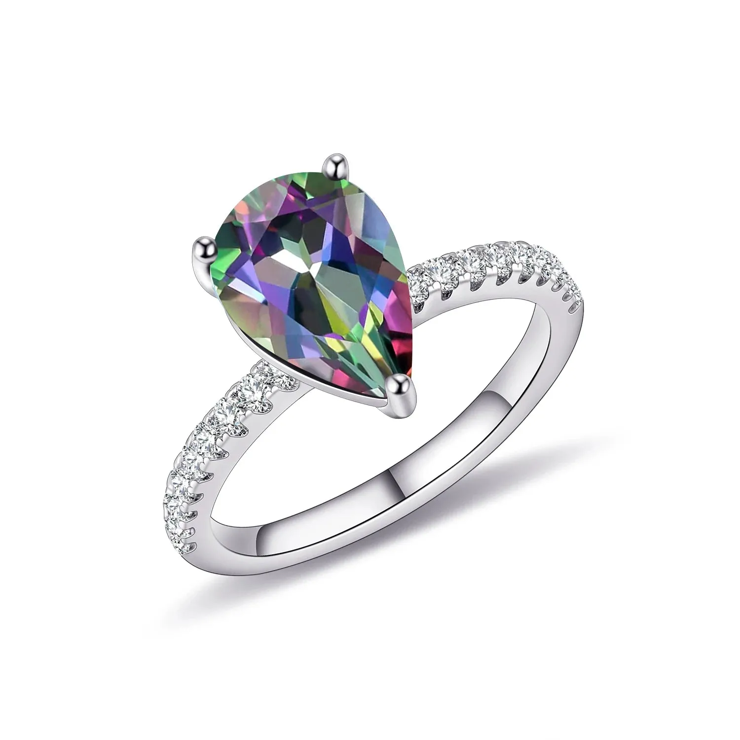925 Sterling Silver Dainty Promise Ring – Pear Shape Rainbow Mystic Quartz