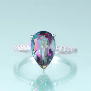 925 Sterling Silver Dainty Promise Ring – Pear Shape Rainbow Mystic Quartz