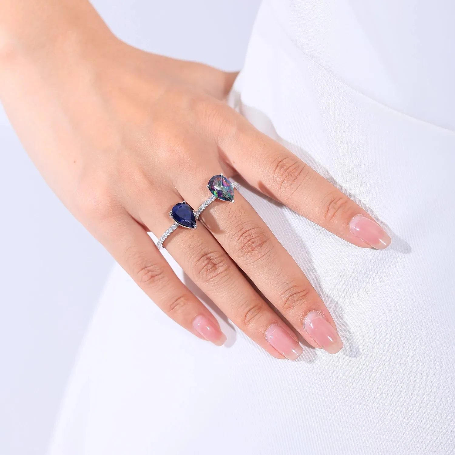 925 Sterling Silver Dainty Promise Ring – Pear Shape Rainbow Mystic Quartz