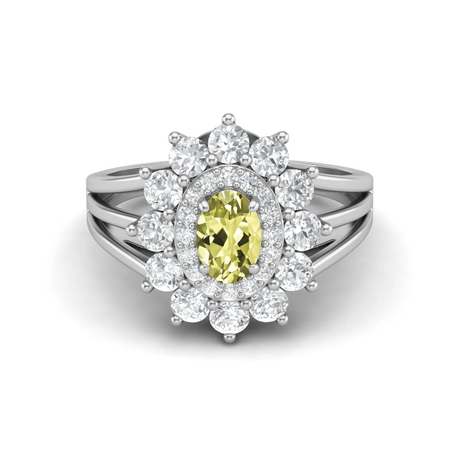 925 Sterling Silver Lemon Quartz Halo Wedding Ring Unique Solitaire Ring