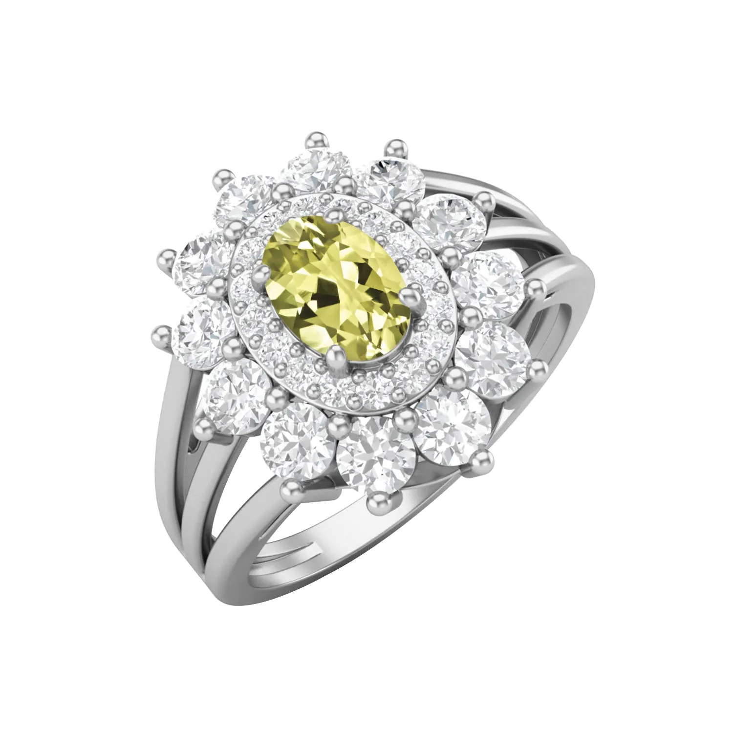 925 Sterling Silver Lemon Quartz Halo Wedding Ring Unique Solitaire Ring