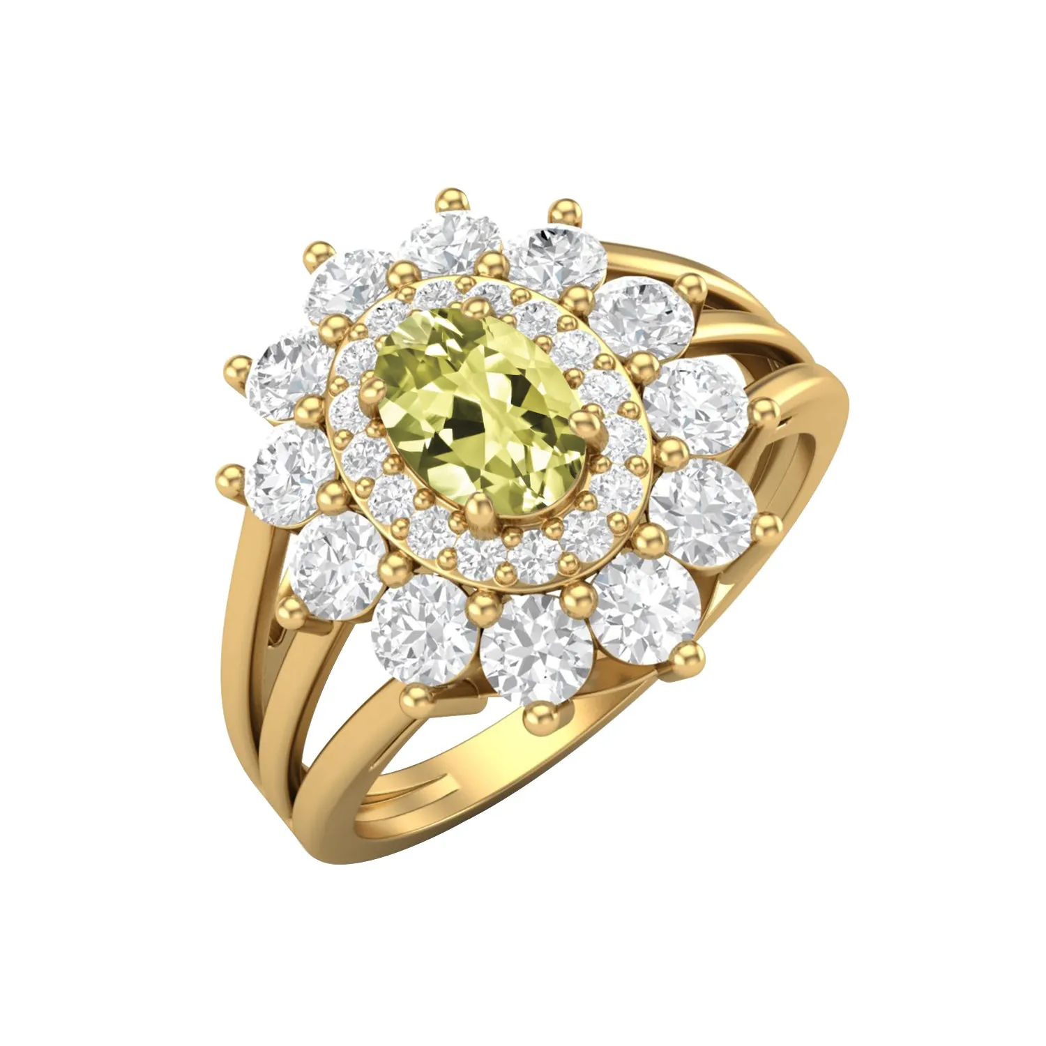 925 Sterling Silver Lemon Quartz Halo Wedding Ring Unique Solitaire Ring