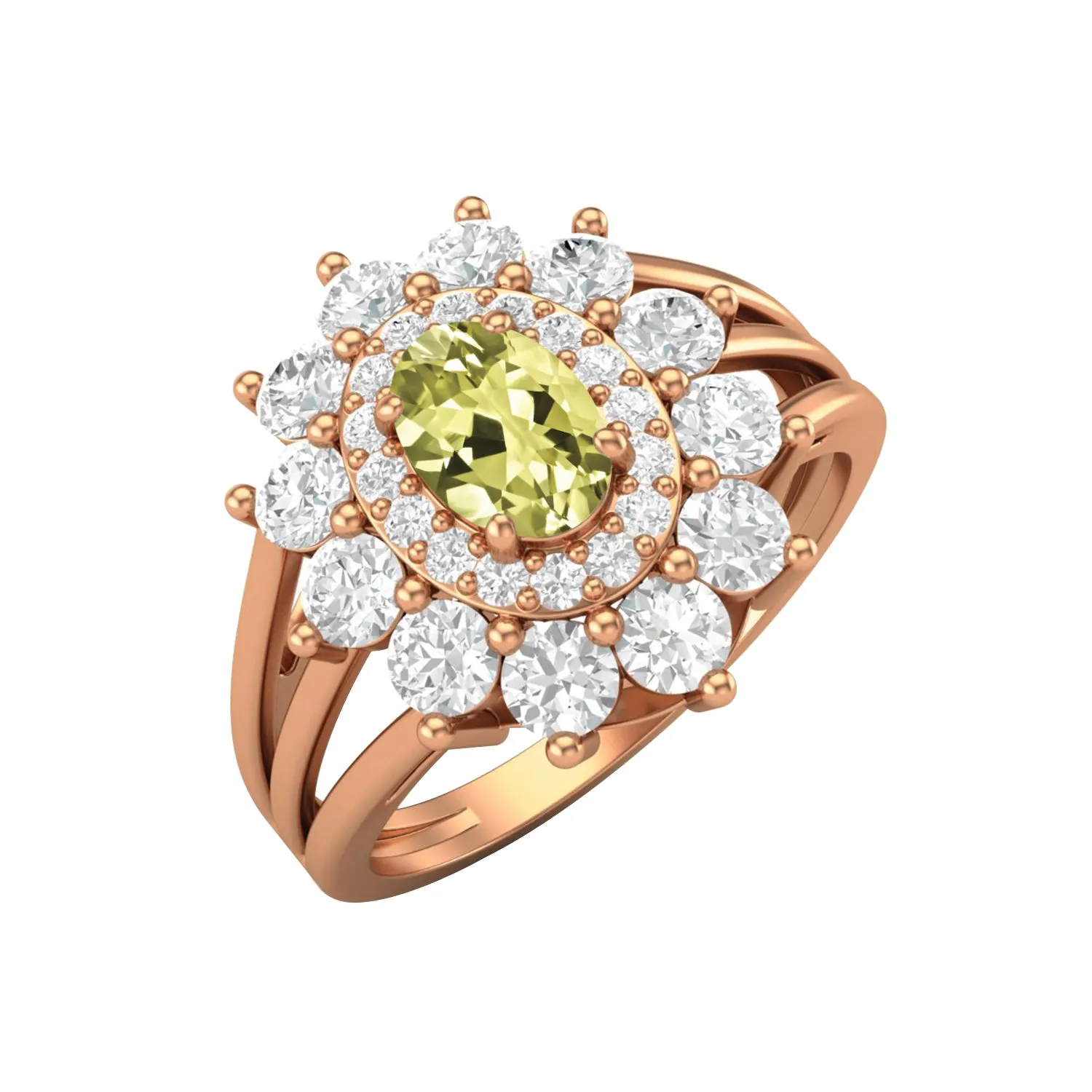 925 Sterling Silver Lemon Quartz Halo Wedding Ring Unique Solitaire Ring