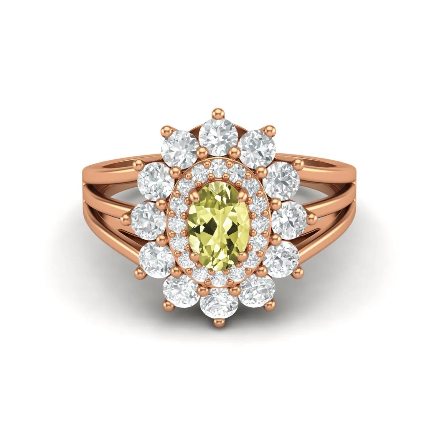 925 Sterling Silver Lemon Quartz Halo Wedding Ring Unique Solitaire Ring
