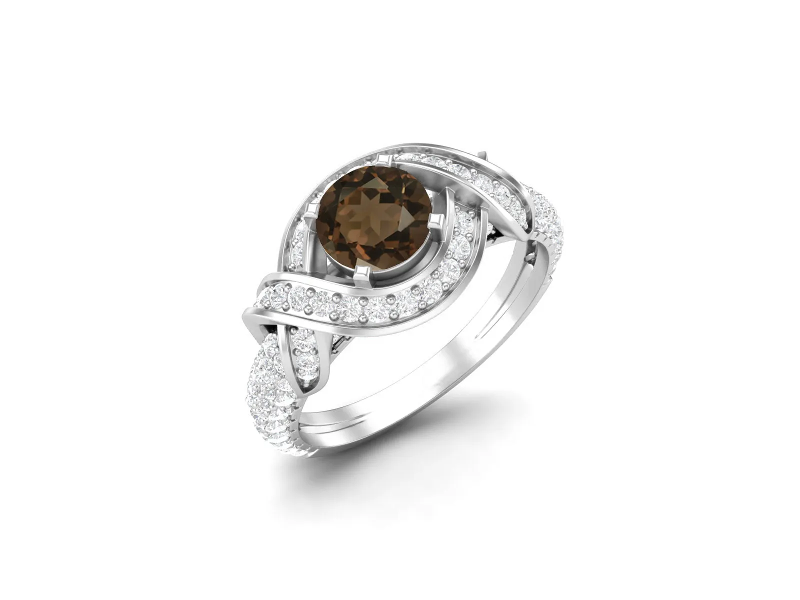 925 Sterling Silver Smoky Quartz Bridal Ring Round Shaped Brown Quartz Stone Ring