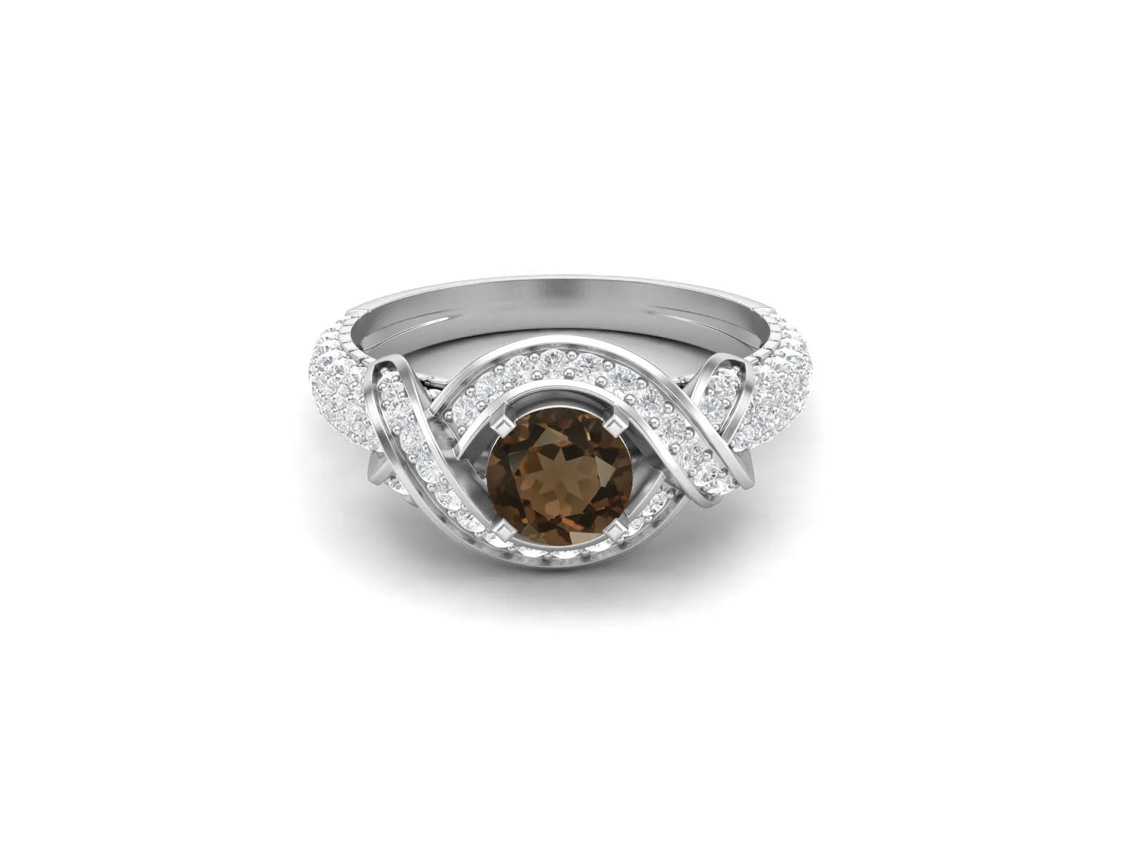 925 Sterling Silver Smoky Quartz Bridal Ring Round Shaped Brown Quartz Stone Ring