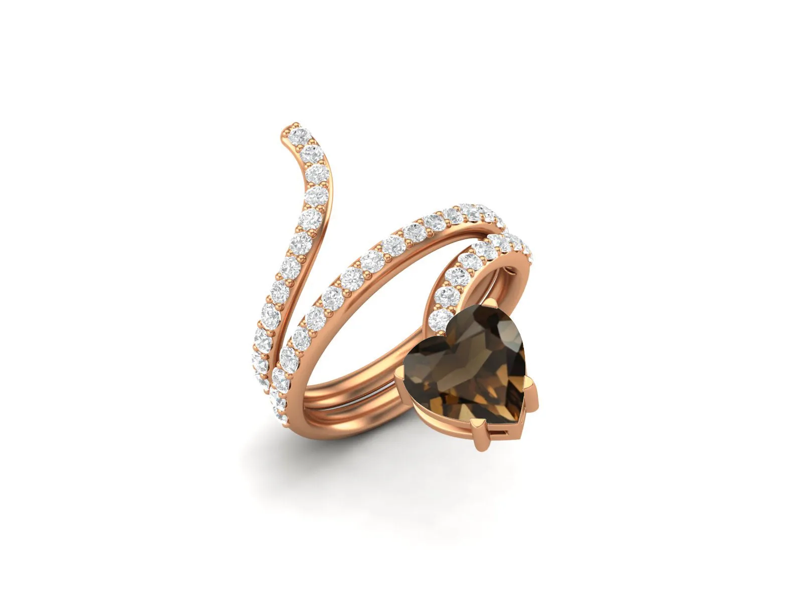925 Sterling Silver Smoky Quartz Bypass Cobra Snake Wedding Ring Vintage Heart Shaped Ring