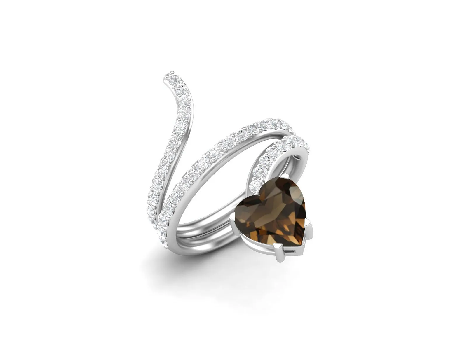 925 Sterling Silver Smoky Quartz Bypass Cobra Snake Wedding Ring Vintage Heart Shaped Ring