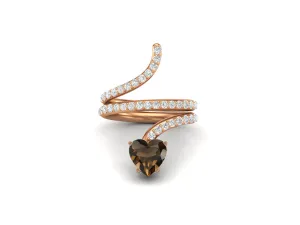 925 Sterling Silver Smoky Quartz Bypass Cobra Snake Wedding Ring Vintage Heart Shaped Ring