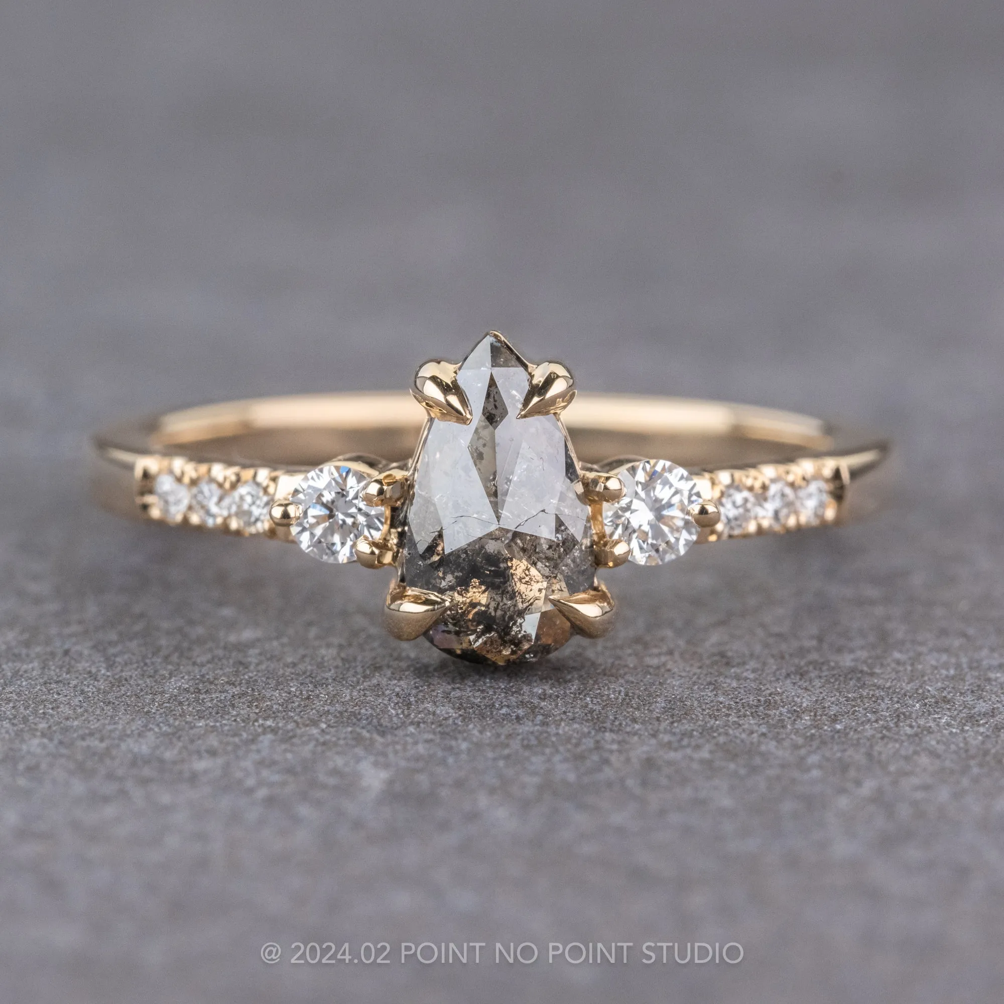 .93 Carat Black Speckled Pear Diamond Engagement Ring, Eliza Setting, 14K Yellow Gold
