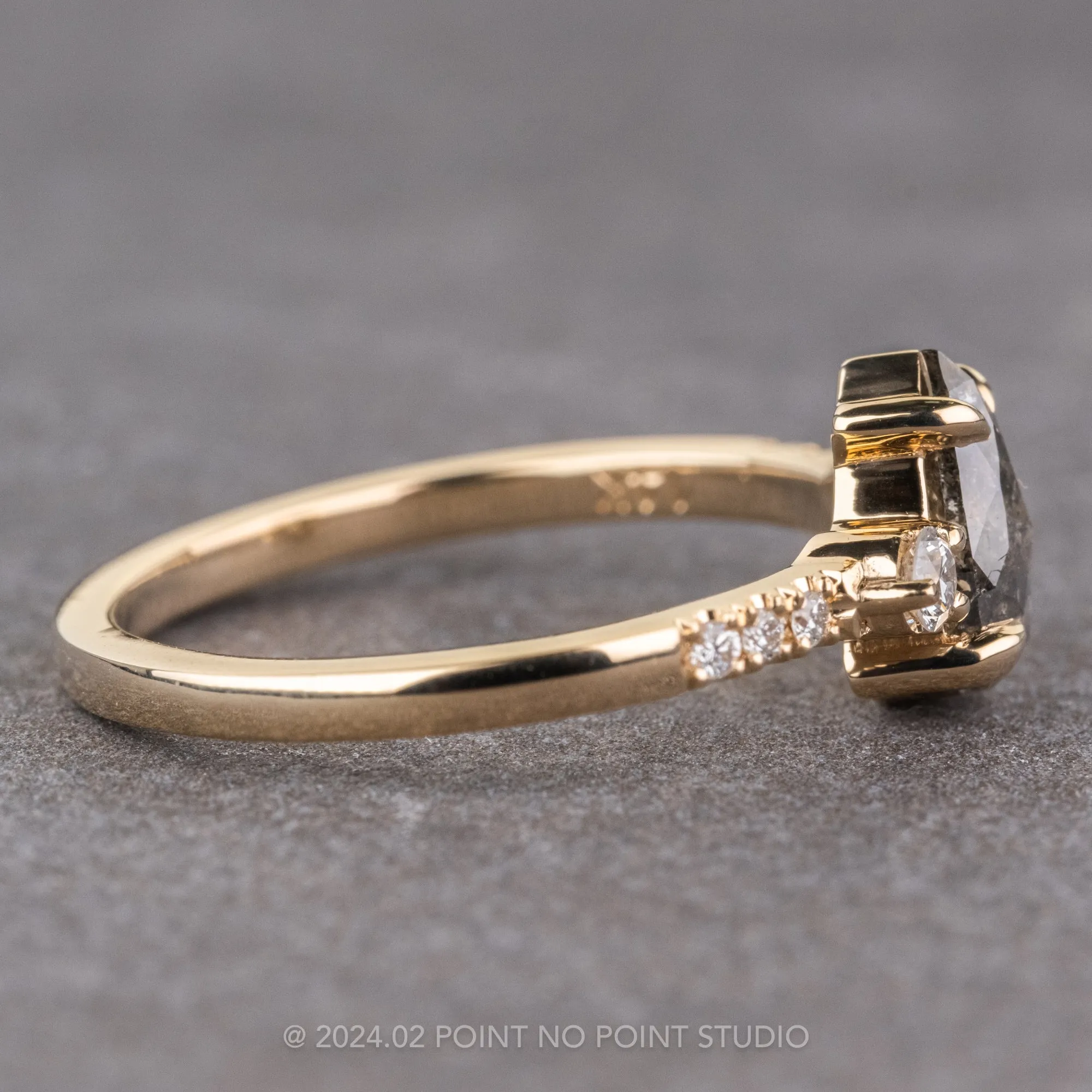 .93 Carat Black Speckled Pear Diamond Engagement Ring, Eliza Setting, 14K Yellow Gold