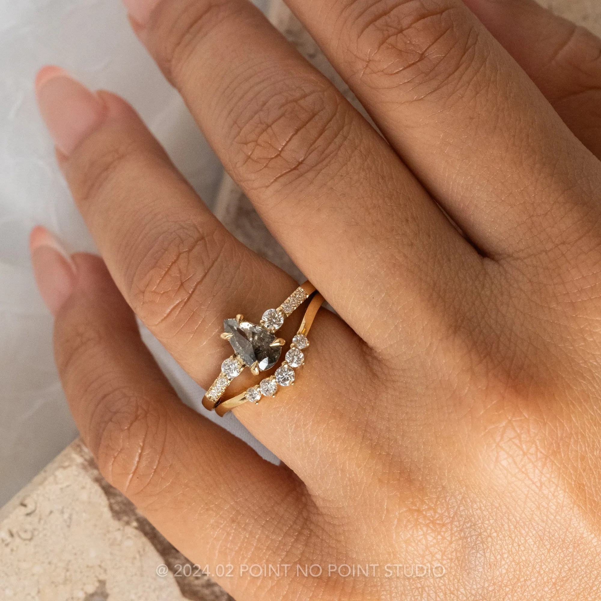 .93 Carat Black Speckled Pear Diamond Engagement Ring, Eliza Setting, 14K Yellow Gold