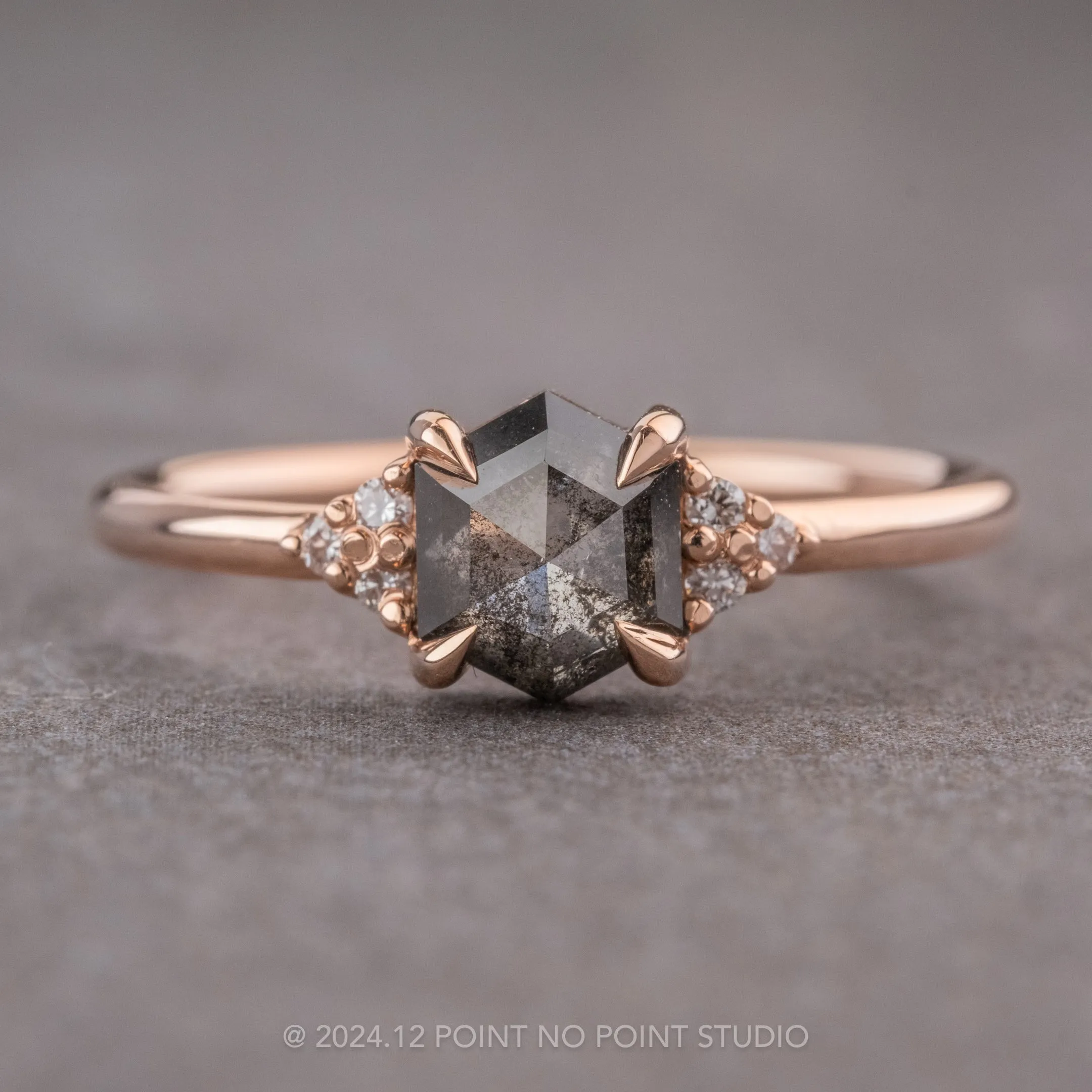 .95 Carat Black Speckled Hexagon Diamond Engagement Ring, Quinn Setting, 14K Rose Gold