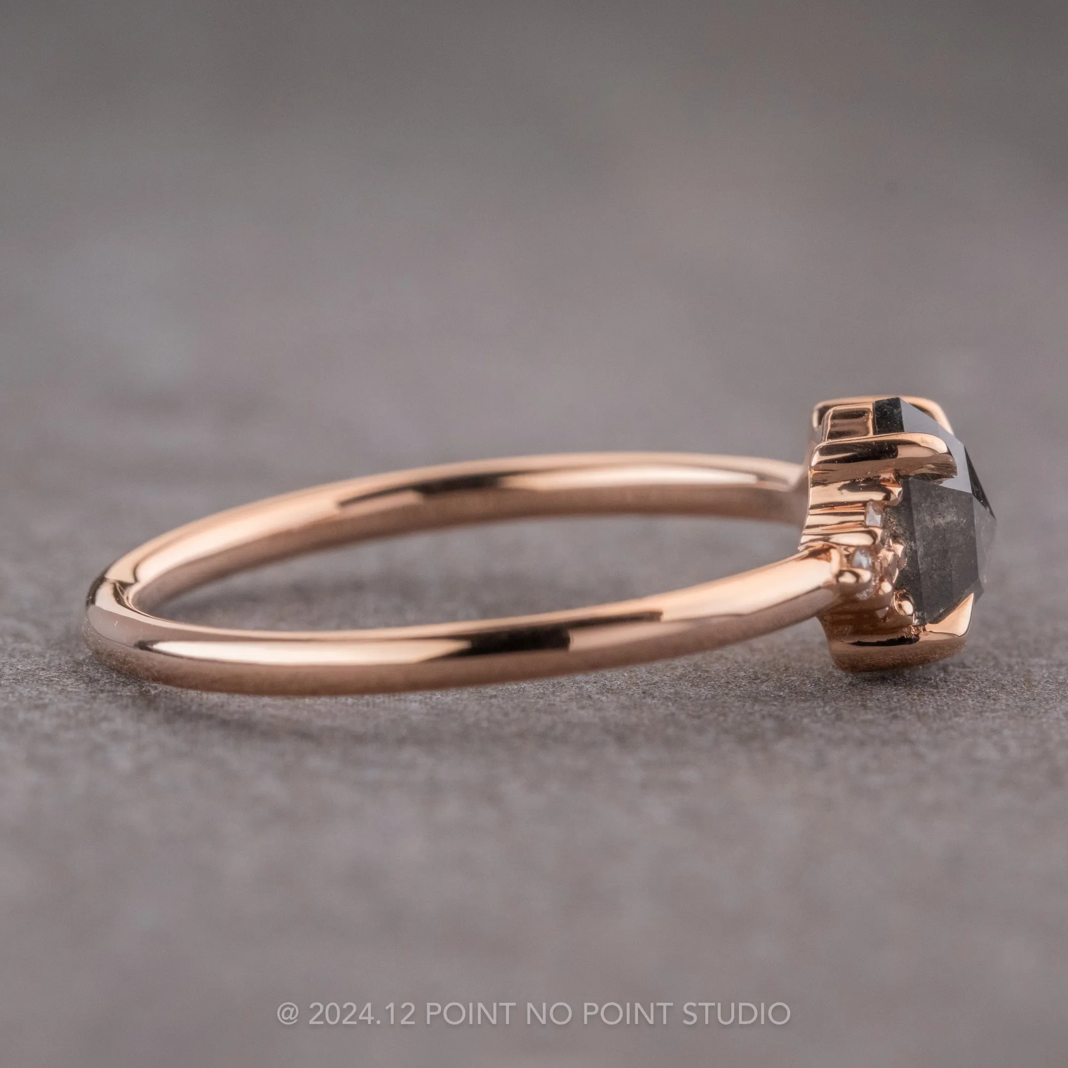 .95 Carat Black Speckled Hexagon Diamond Engagement Ring, Quinn Setting, 14K Rose Gold